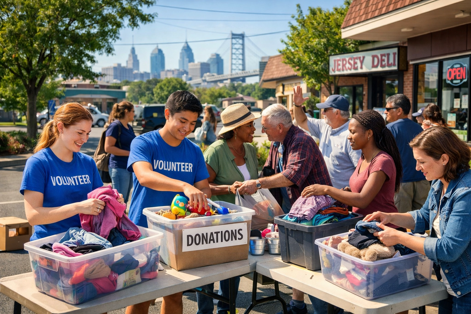 Black women volunteers sorting donated clothing and household items during a community collection drive in South Jersey to support families rebuilding after crisis