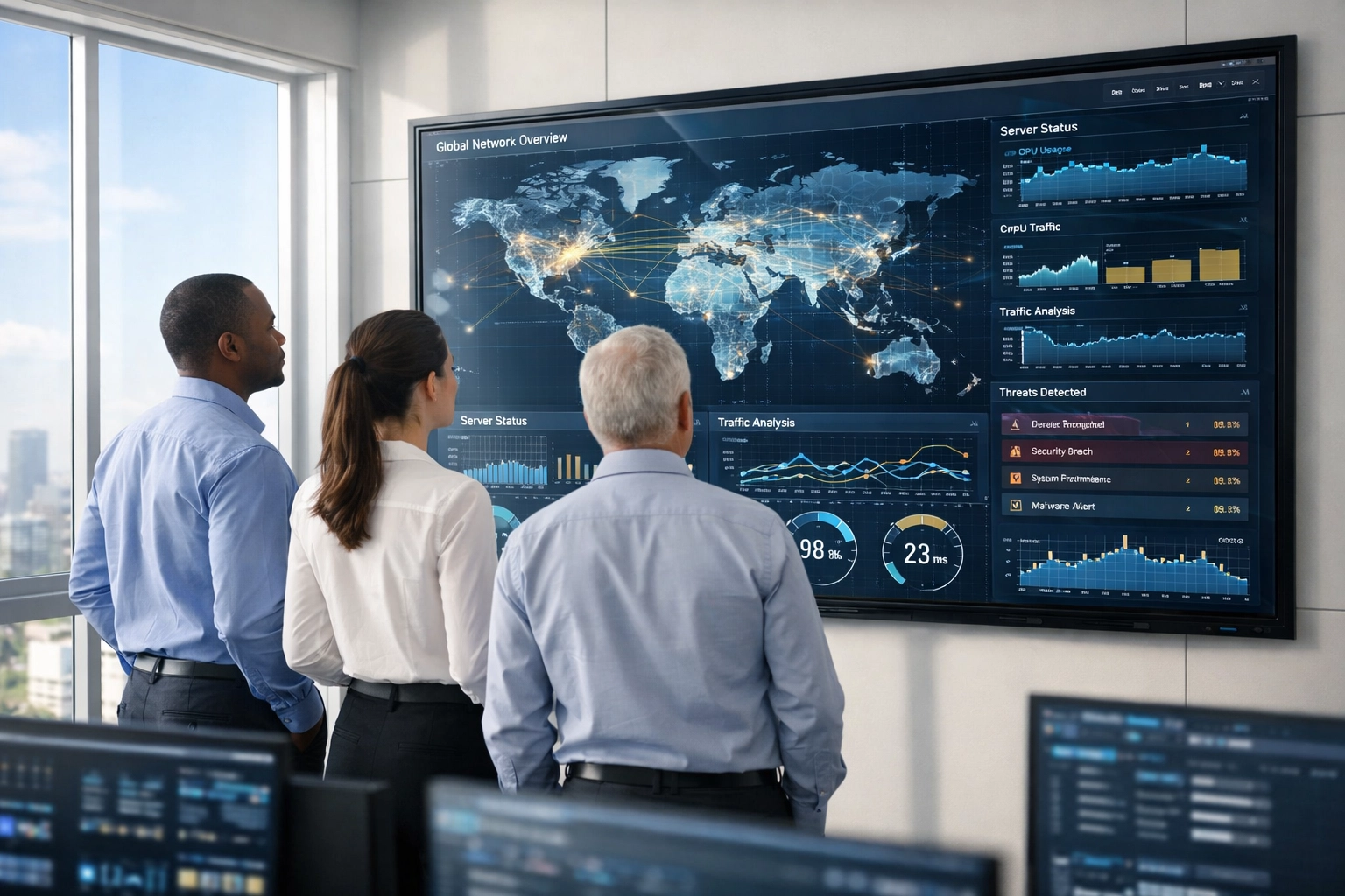 Professionals in an IT operations center monitoring ServiceNow ITOM data for operational excellence.