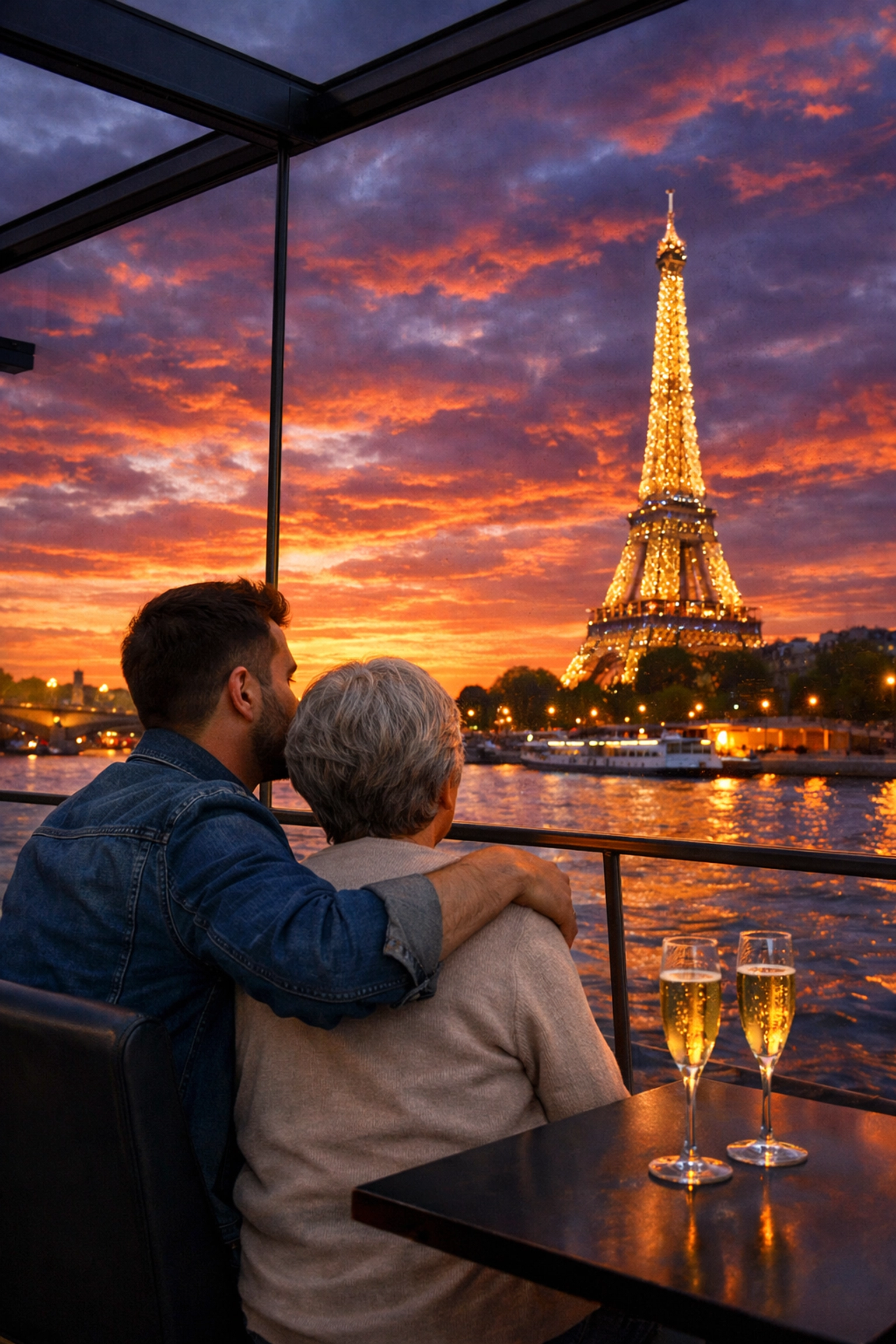 A gay man and his mother enjoy sunset views of the Eiffel Tower on a romantic Seine River cruise.