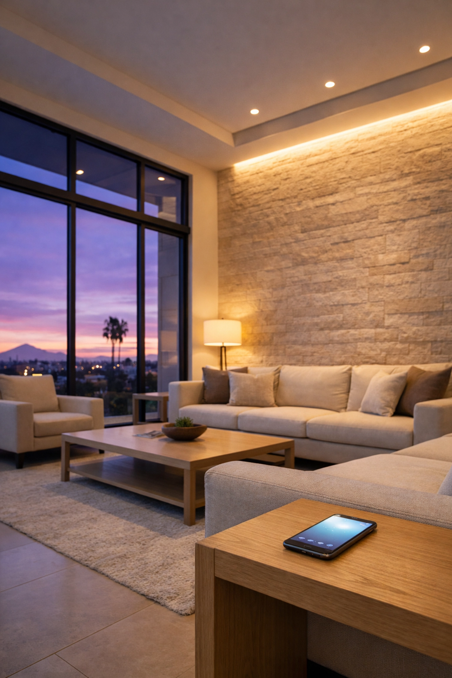 Custom smart home lighting in a contemporary Tempe living room with integrated smartphone control.