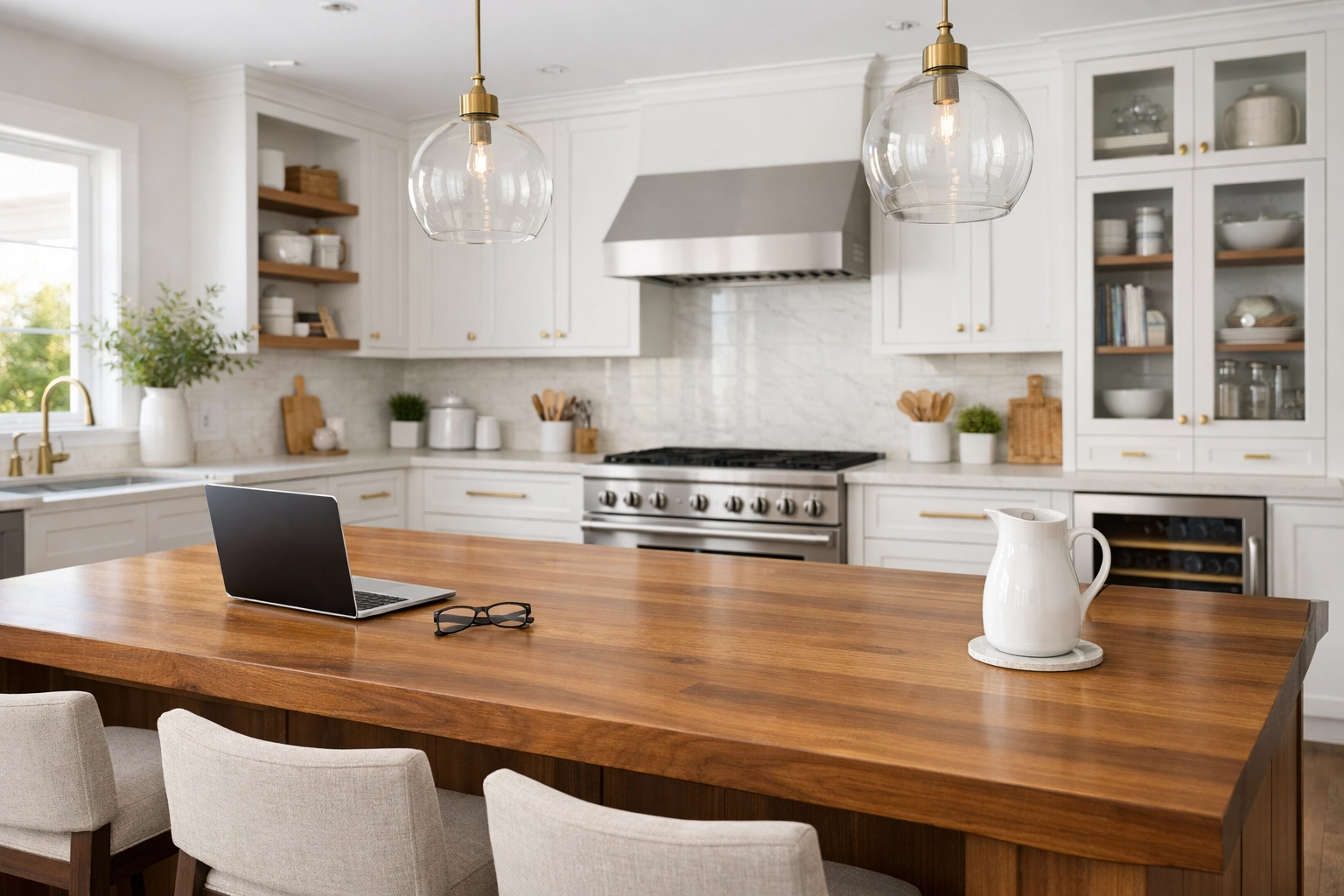 Functional custom kitchen layout featuring a wood island and organized storage for a home renovation.
