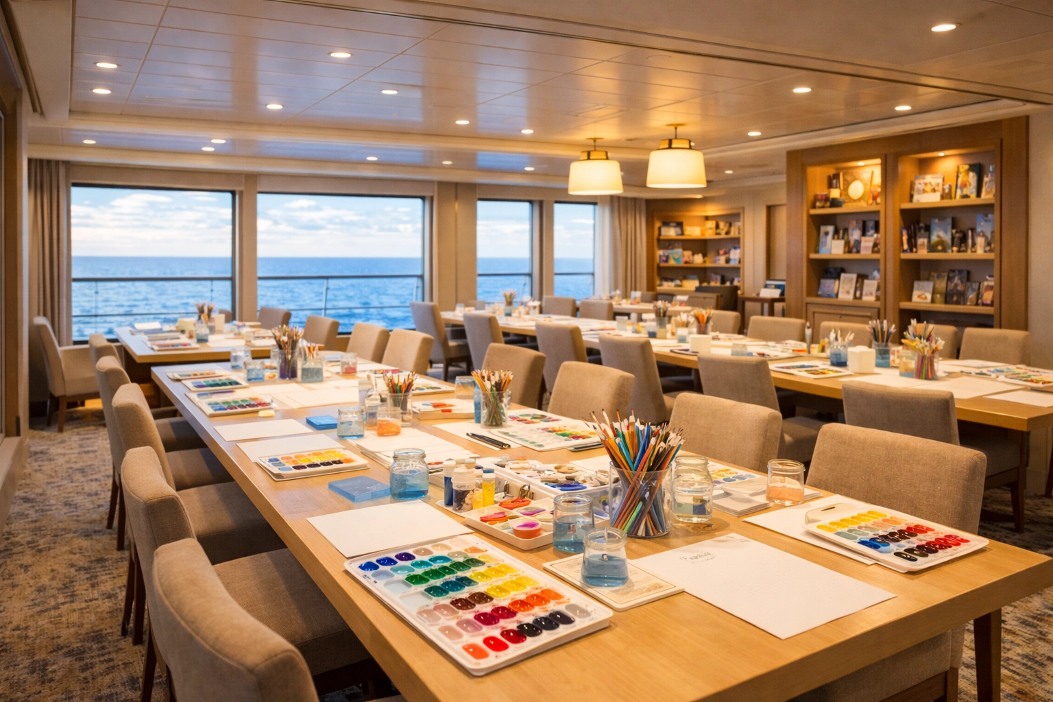Spacious onboard art studio with watercolor and acrylic palettes and ocean-view windows