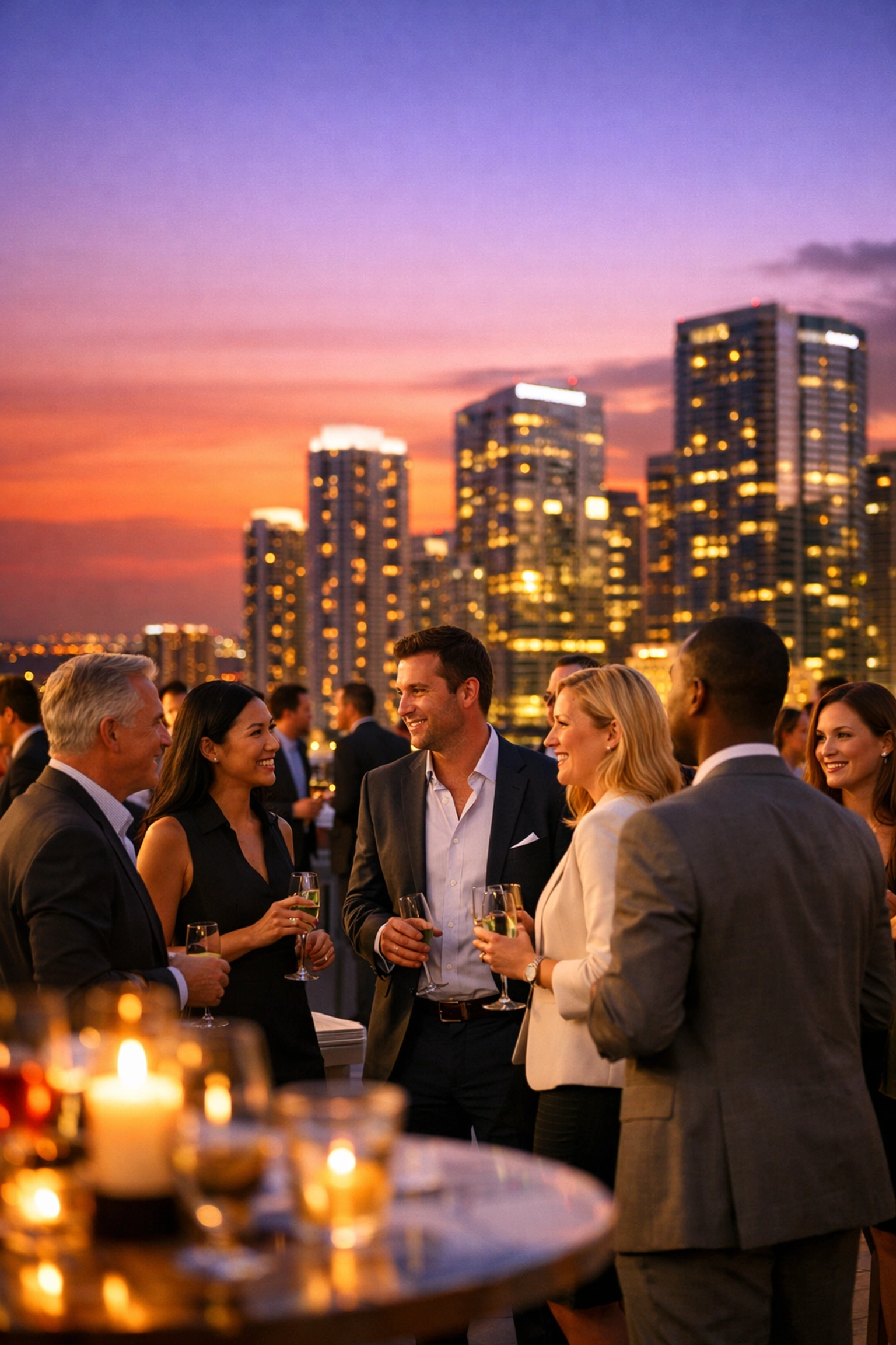 A luxury corporate event on a Brickell rooftop at sunset, capturing professional event photography in Miami.
