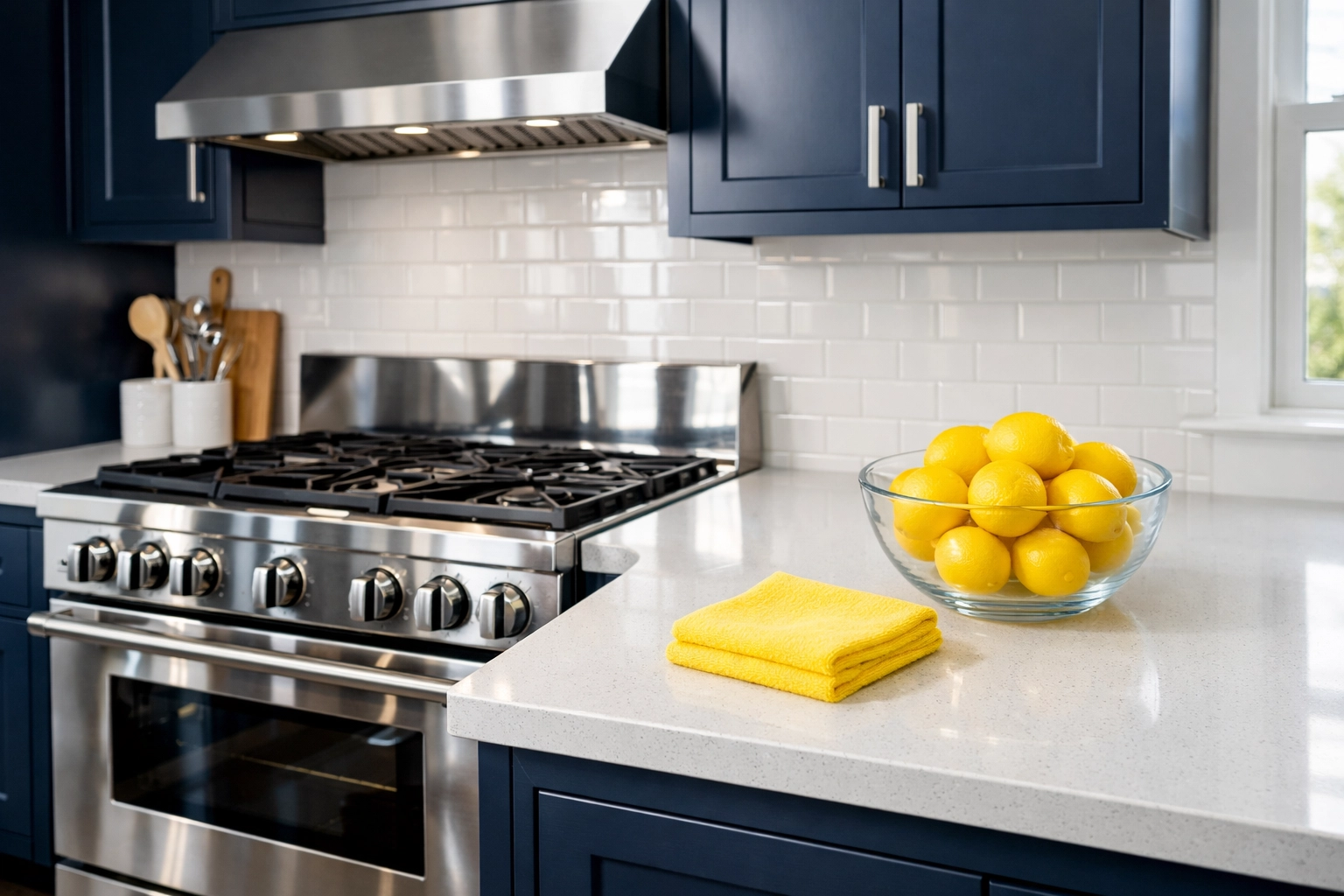 Modern Boston kitchen with polished stovetop and navy cabinets after a move-in deep clean.