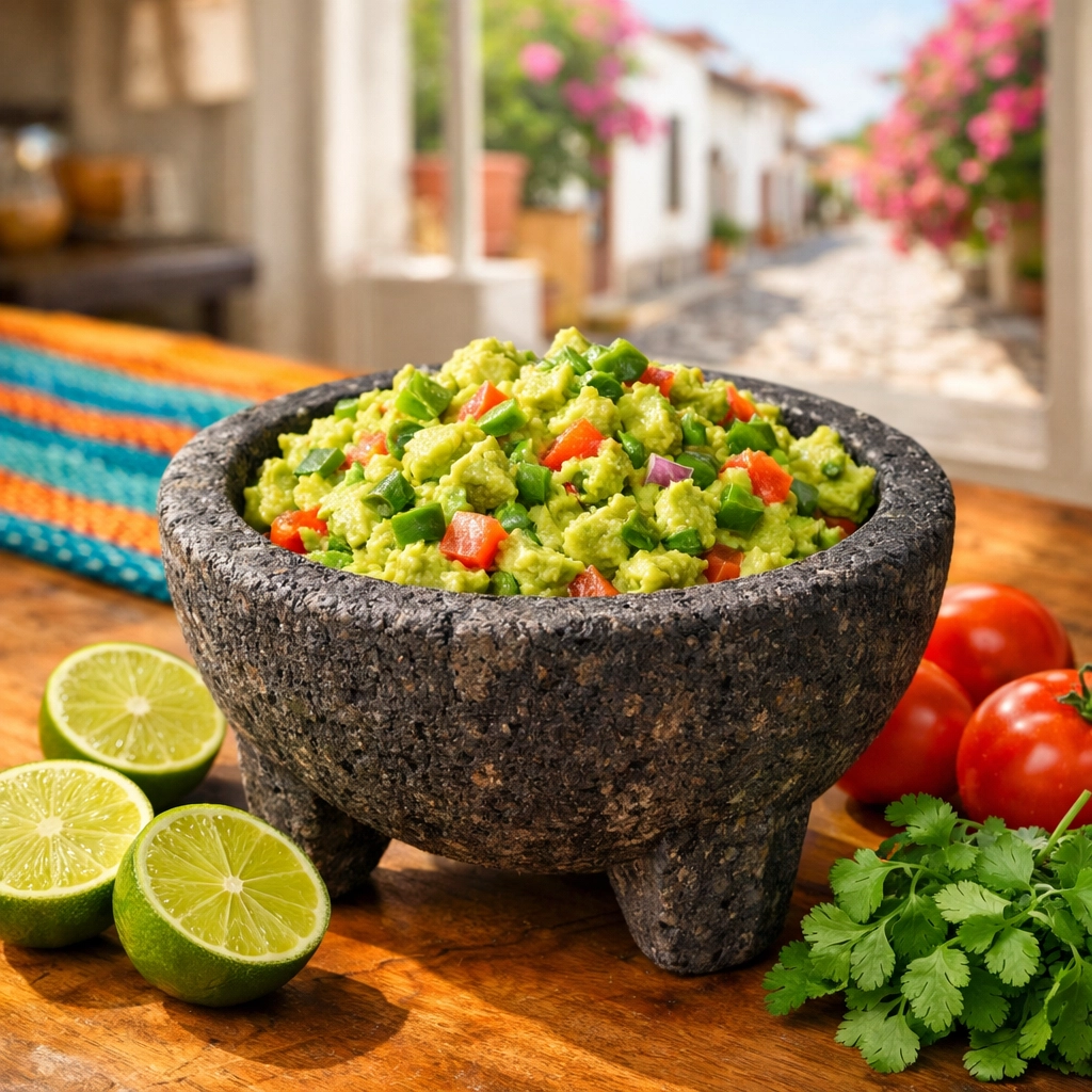 Fresh local guacamole in a traditional molcajete inside a bright Puerto Vallarta apartment rental.