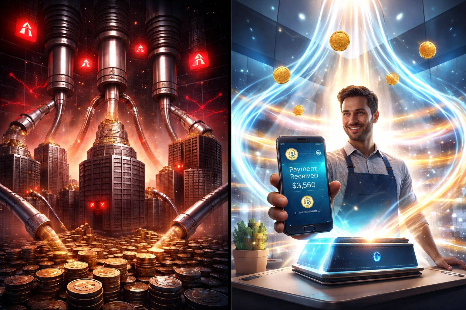 Side-by-side comparison of traditional payment processing fees versus crypto payments for merchants