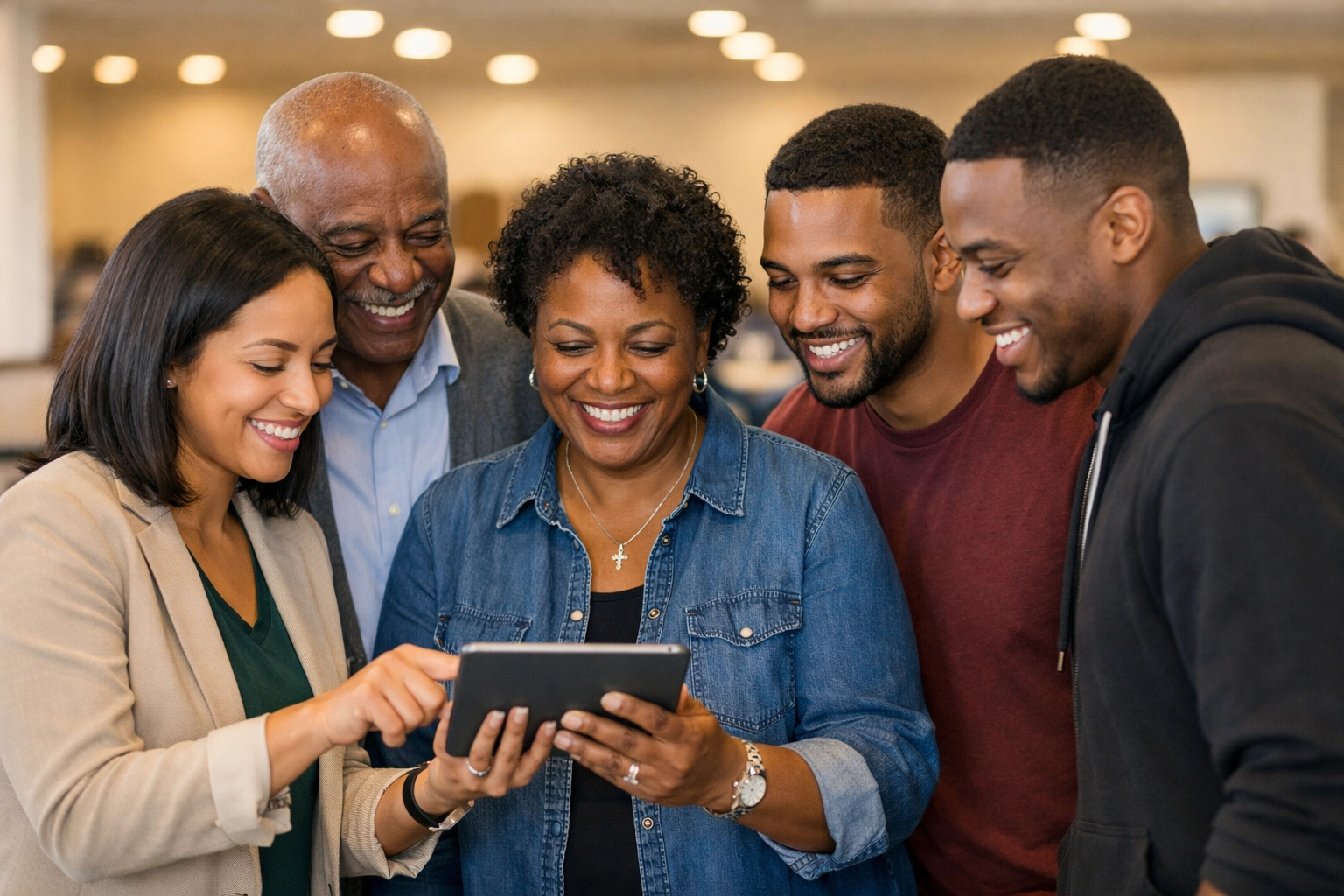 Church members using digital tablet to browse community marketplace and support local businesses