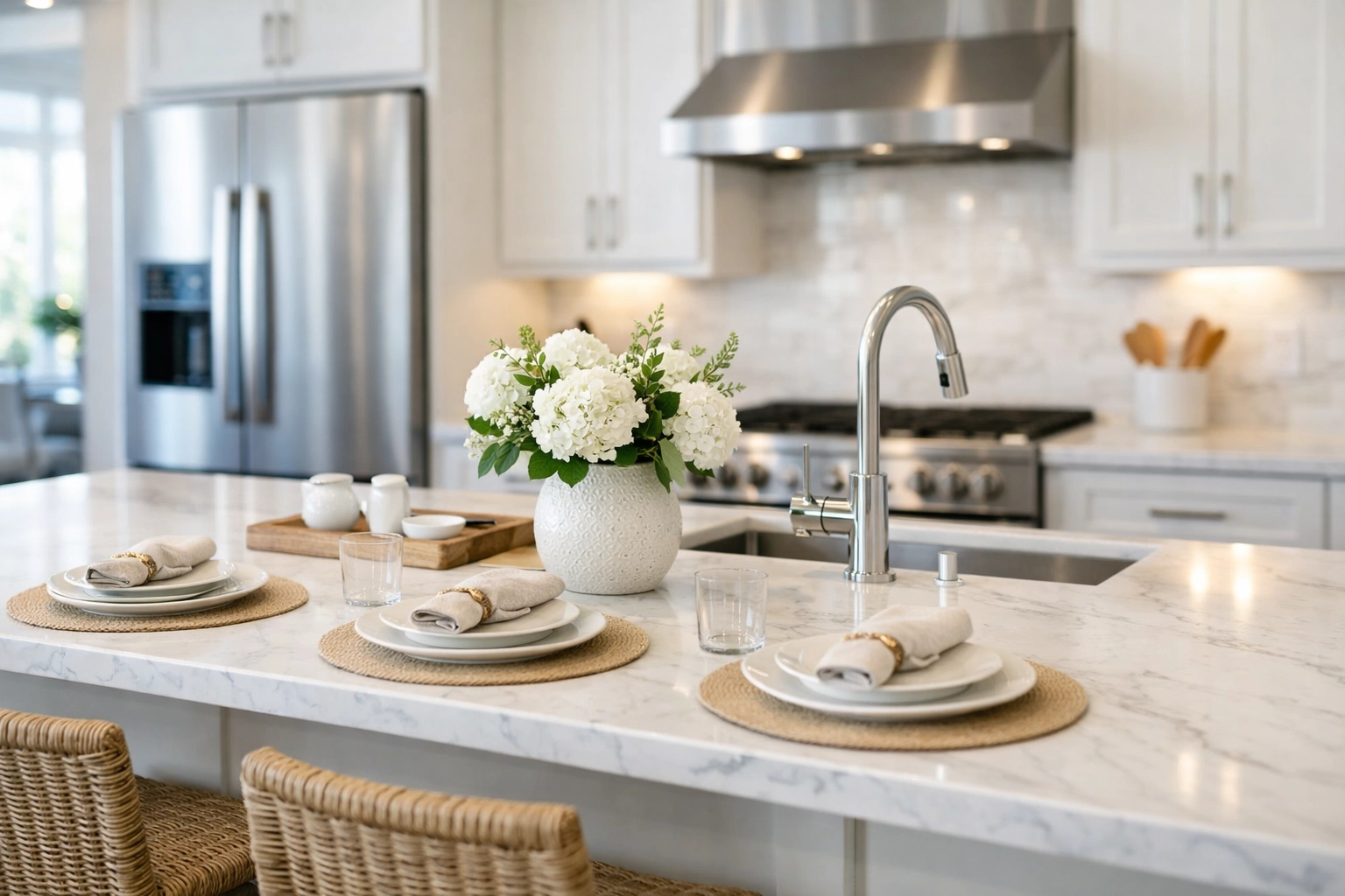 Rent-ready kitchen with polished surfaces and clean appliances, prepared by professional move-out cleaners.