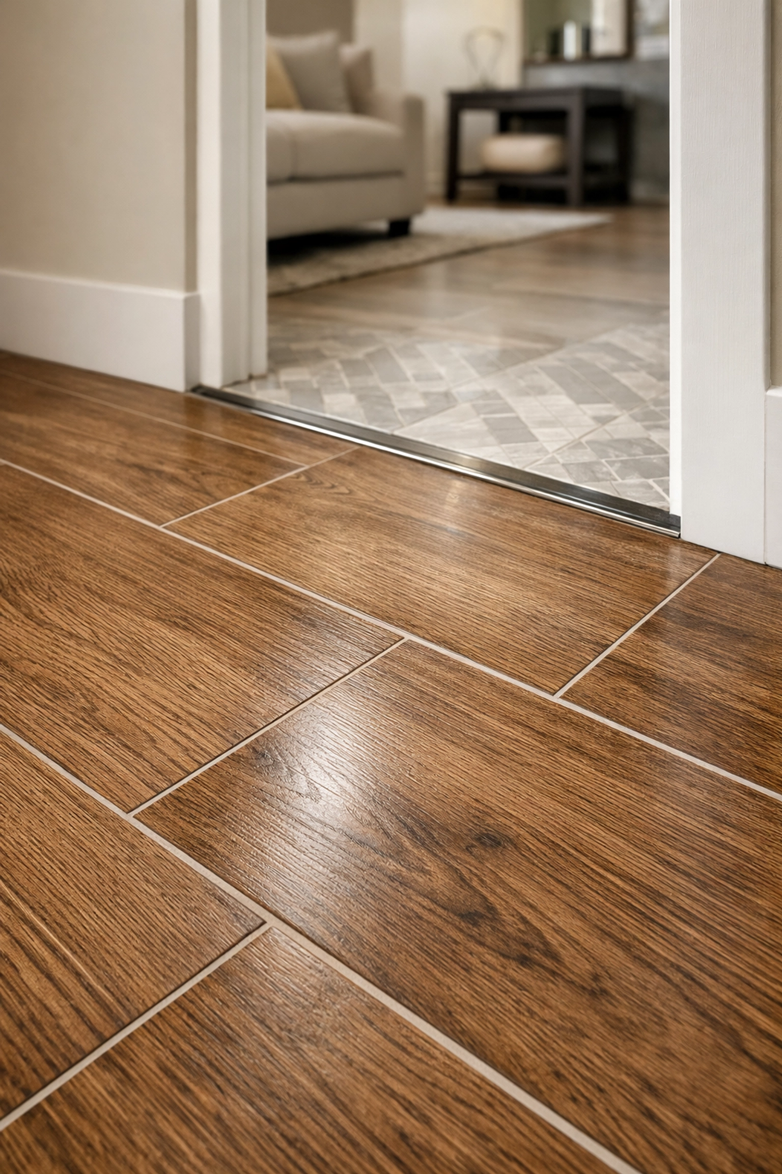 Professional Orlando floor remodeling featuring realistic wood-look tile and precise grout lines.