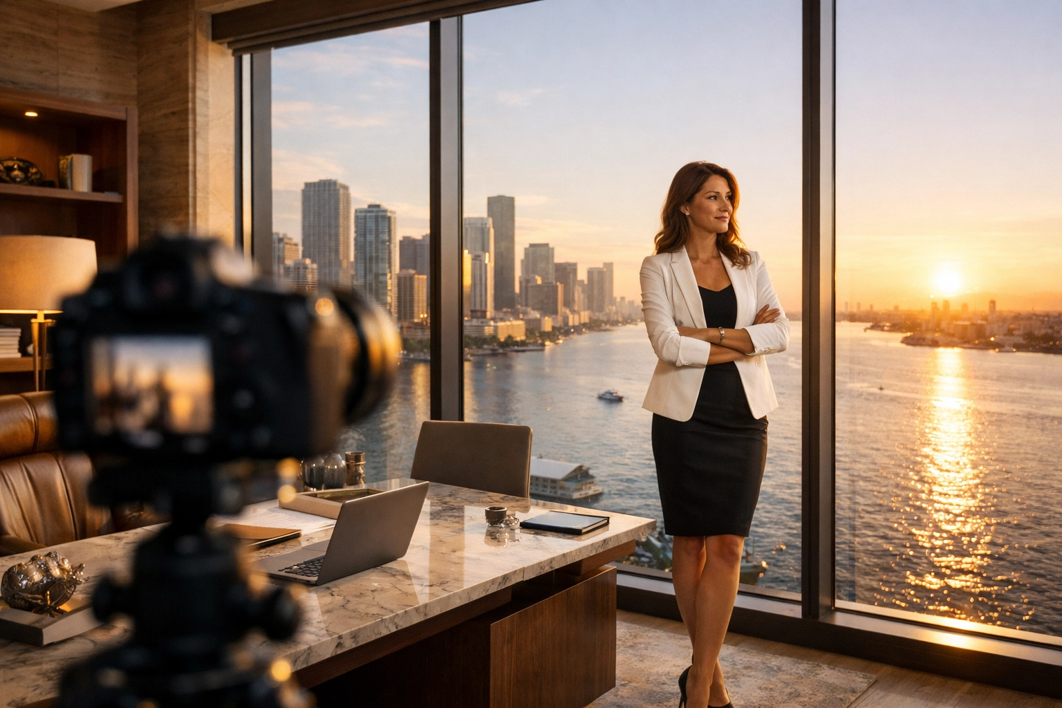 Professional brand photography session with an entrepreneur in a modern Brickell Miami office during golden hour.