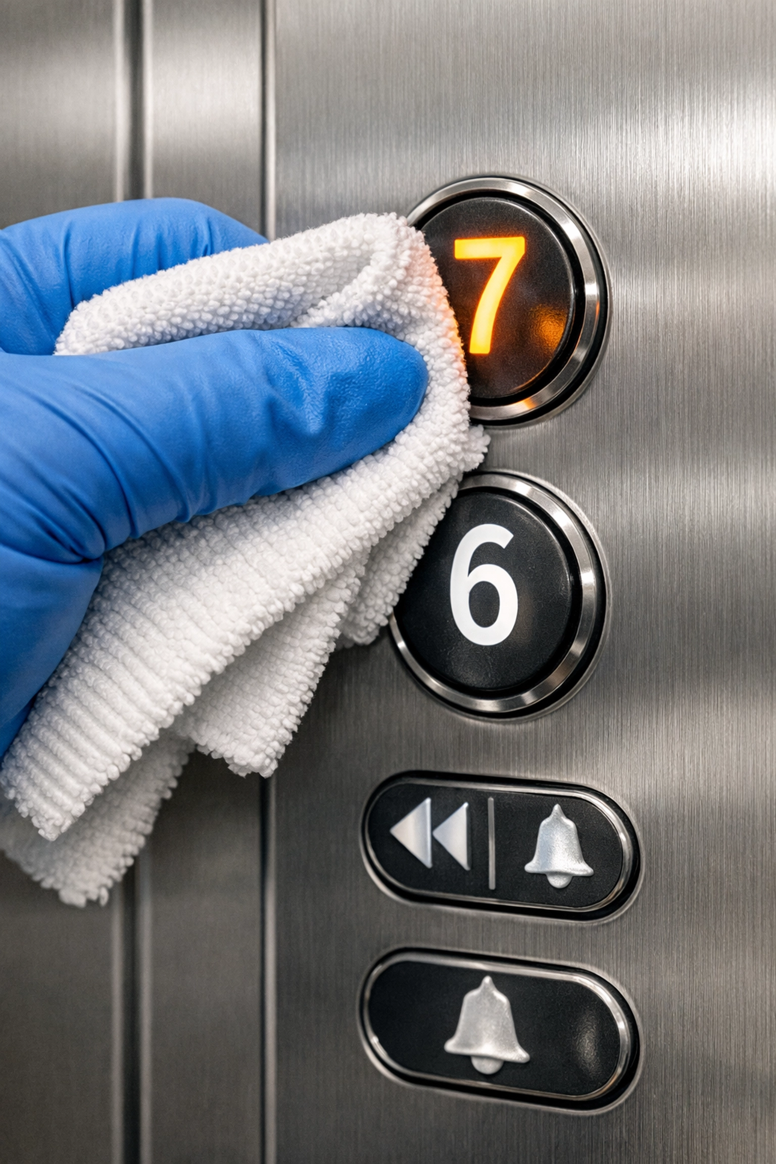 Proper technique for cleaning elevator control panel buttons with microfiber cloth