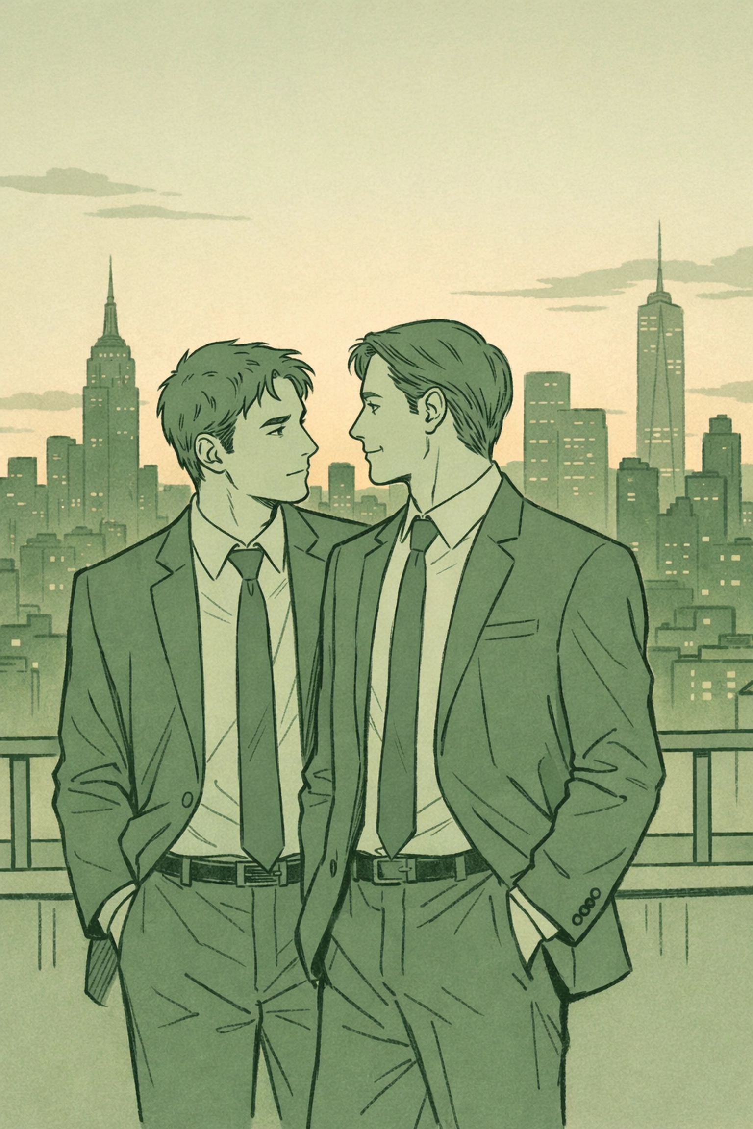 Two men in business suits on Manhattan rooftop at dusk - MM romance forbidden attraction