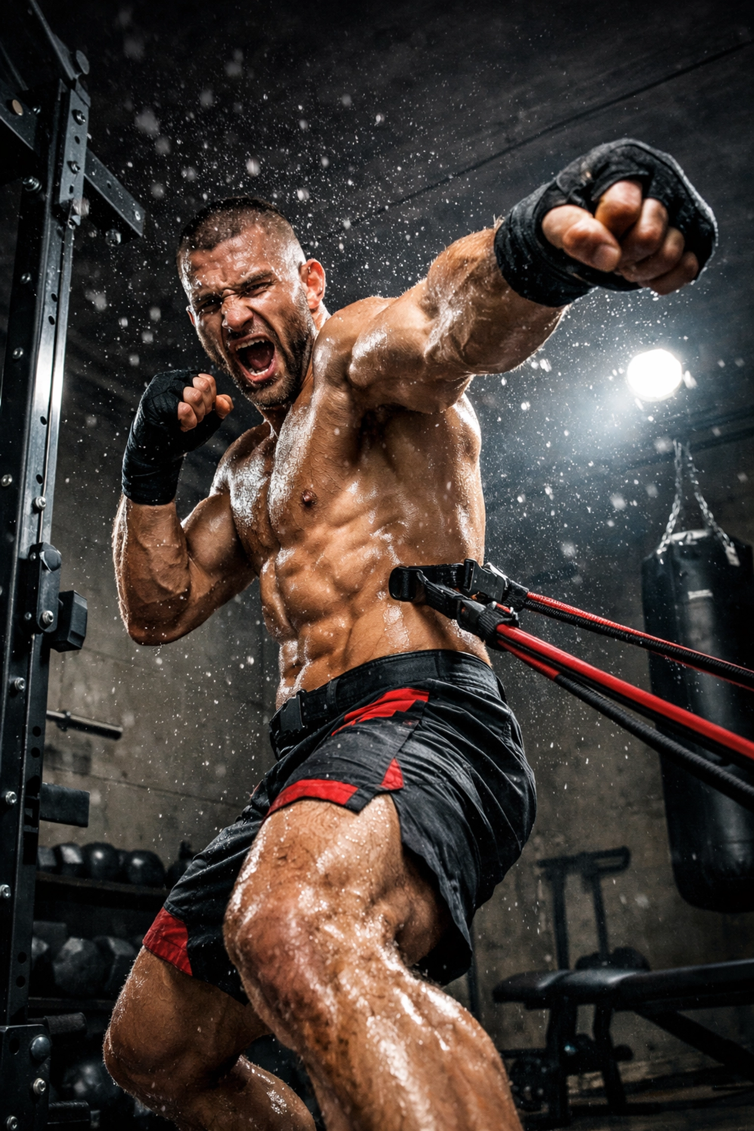 MMA fighter training with an explosive punch using a floor to ceiling home gym system.