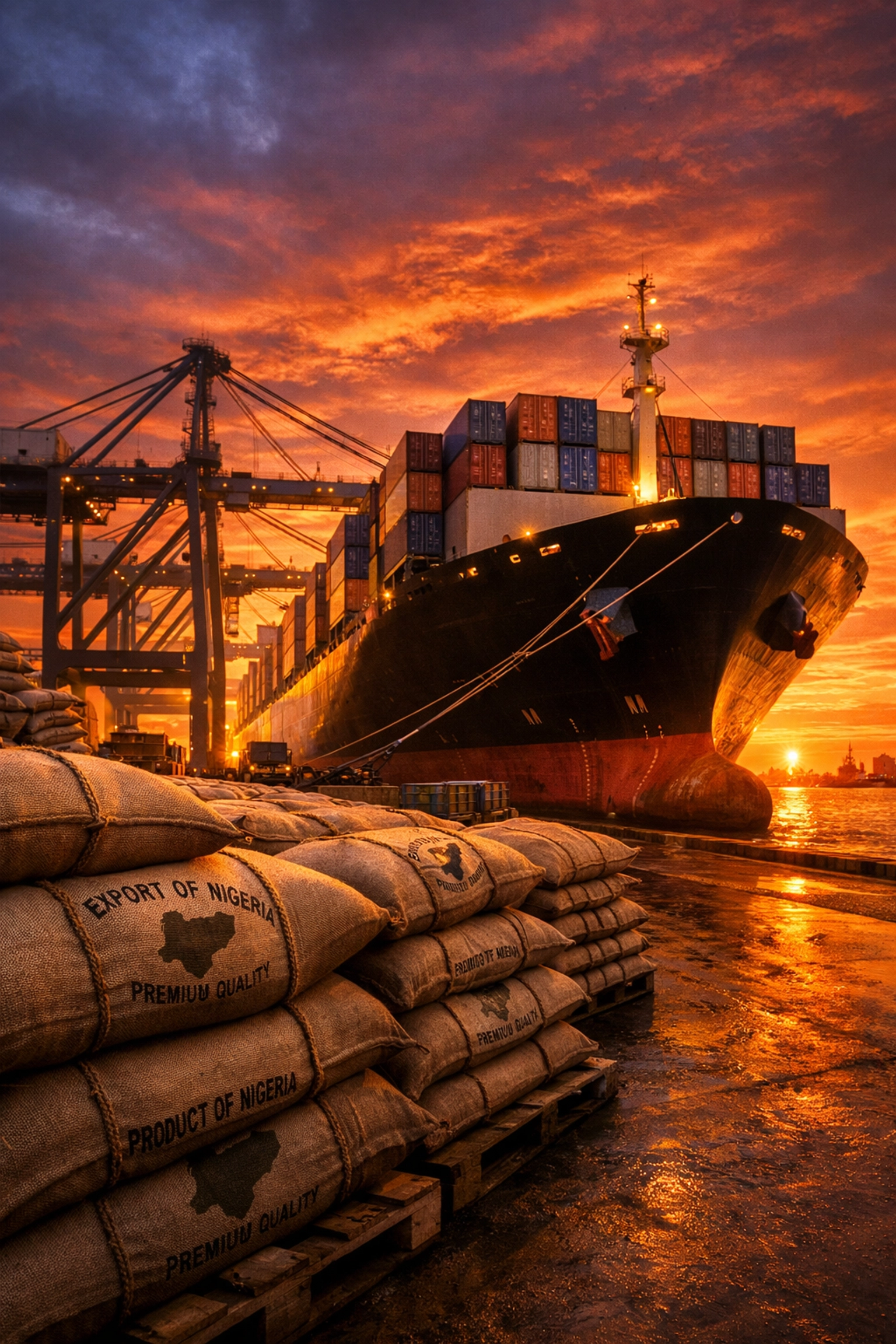 Shipping cargo ship at a Nigerian port loaded with bulk raw cashew nut export bags.