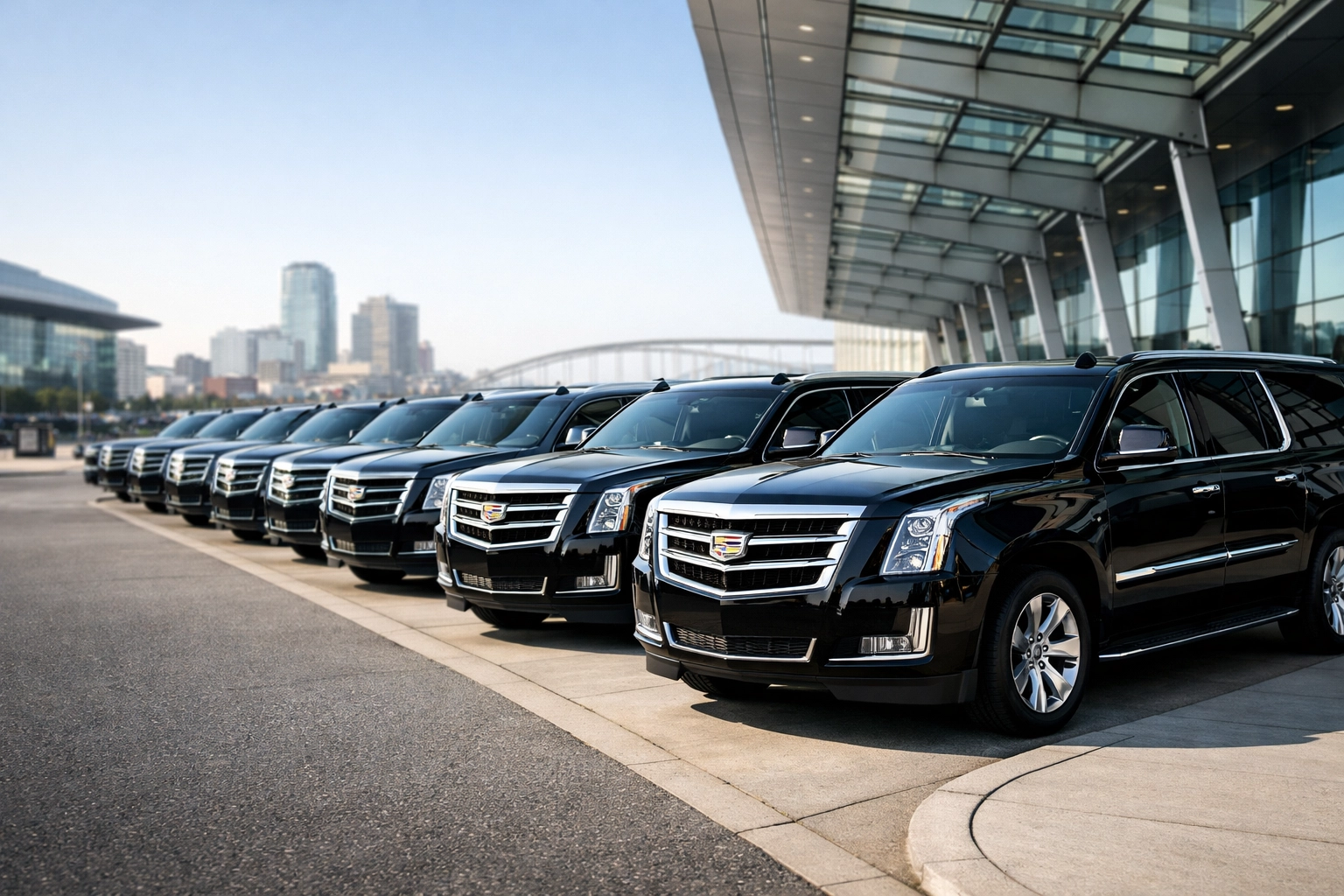 Fleet of luxury black SUVs ready for executive corporate travel during Super Bowl logistics.