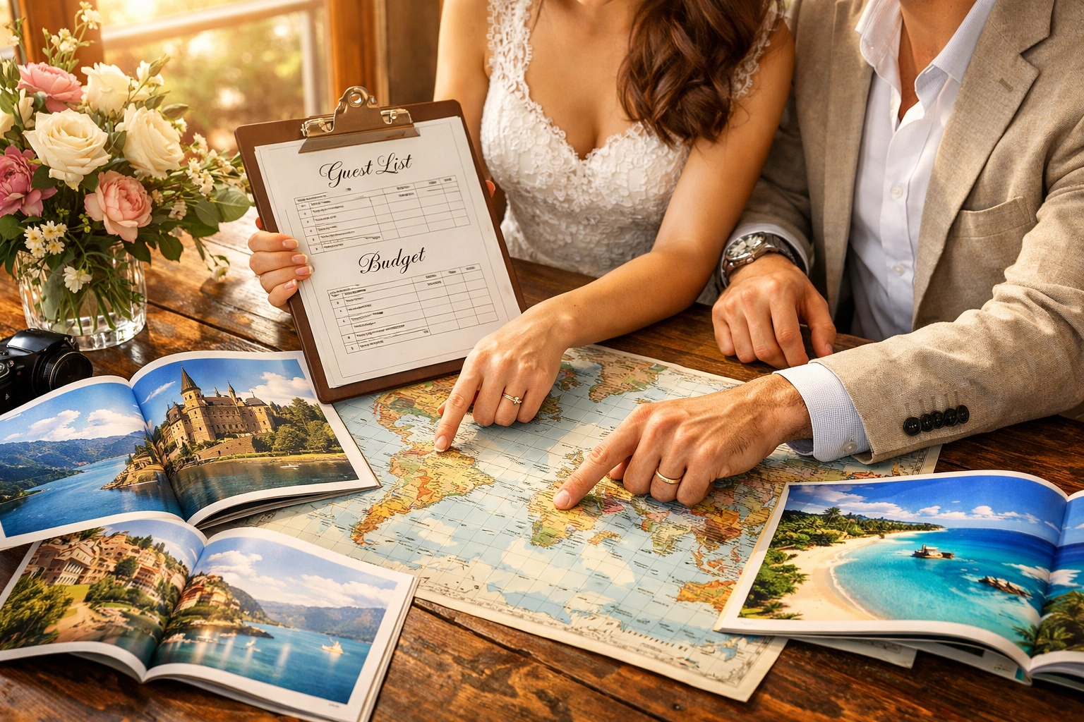 Couple planning destination wedding with travel maps and location brochures