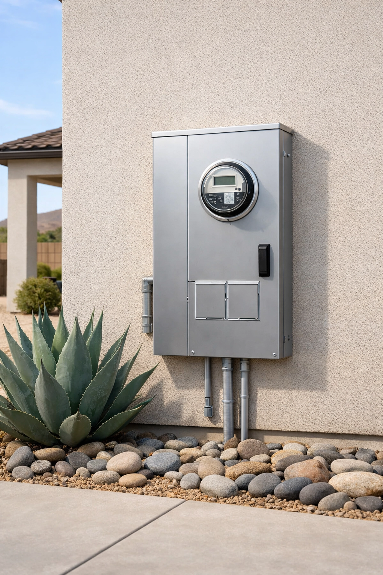 Exterior electrical panel upgrade on a modern Gilbert home with desert landscaping.