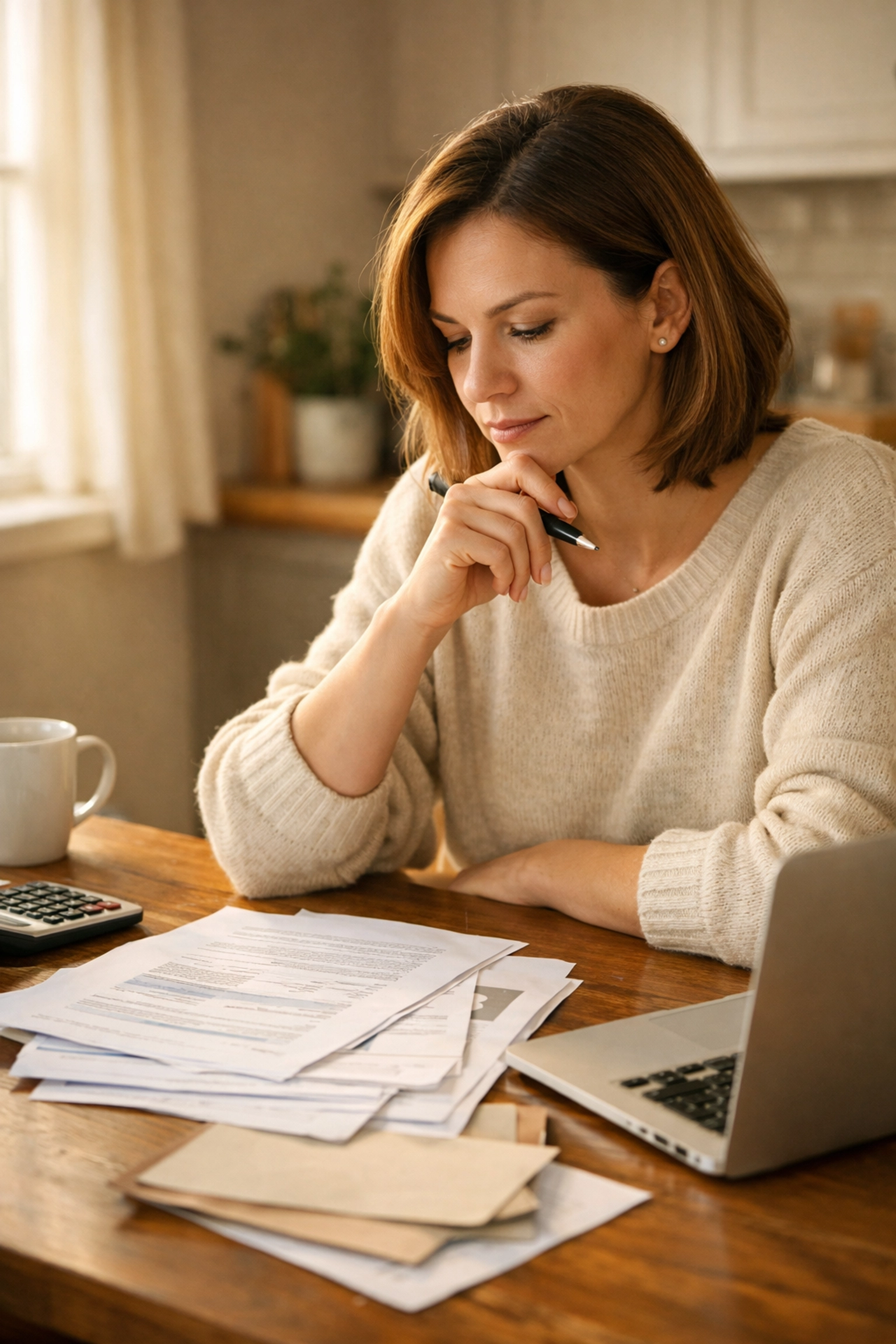 Woman reviewing divorce financial documents and planning for property division costs
