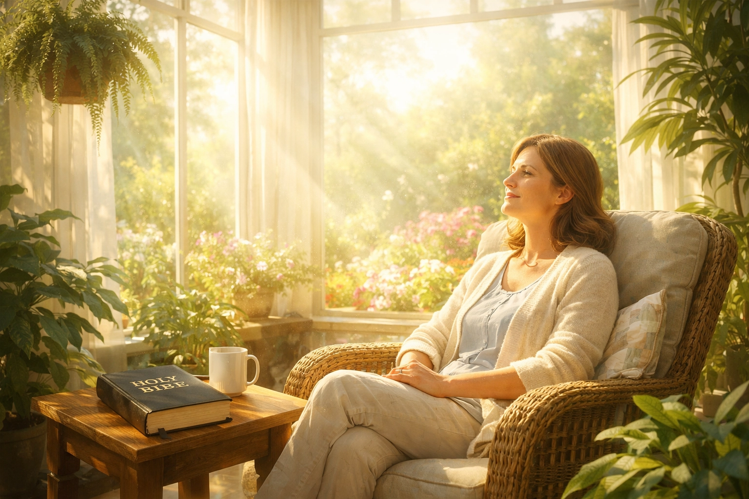 Woman rests by a sunny window with an open Bible, finding God’s peace and strength to forgive