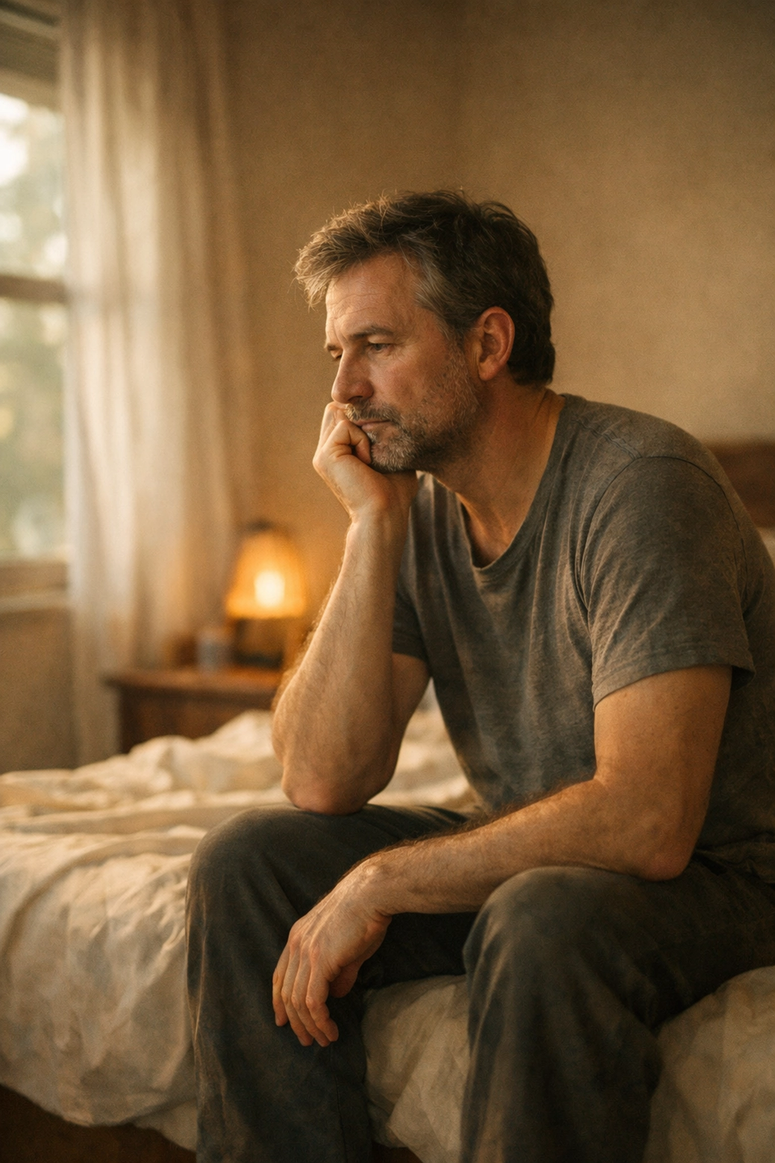 Elgondolkodó férfi az ágyon, aki a merevedési zavar lelki okain töpreng.