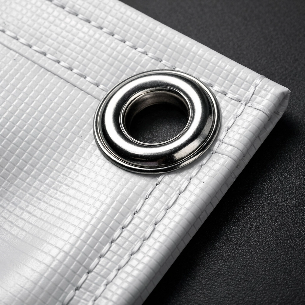 Detail of a heavy-duty scrim vinyl banner corner with a nickel-plated grommet and tear-resistant internal mesh.
