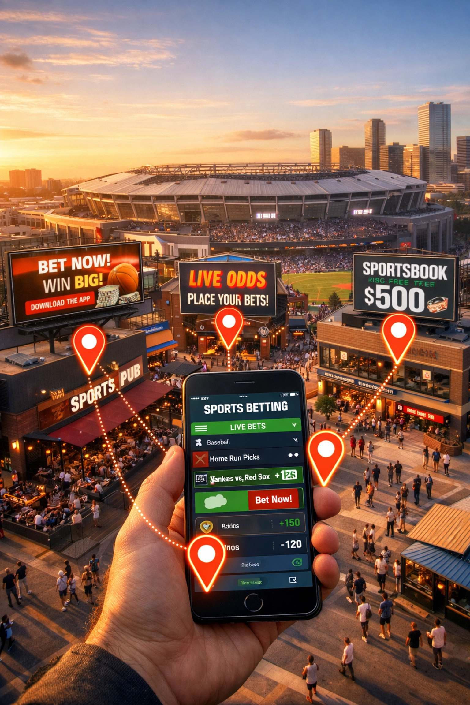 Geofencing and mobile betting integration near stadium with digital outdoor advertising