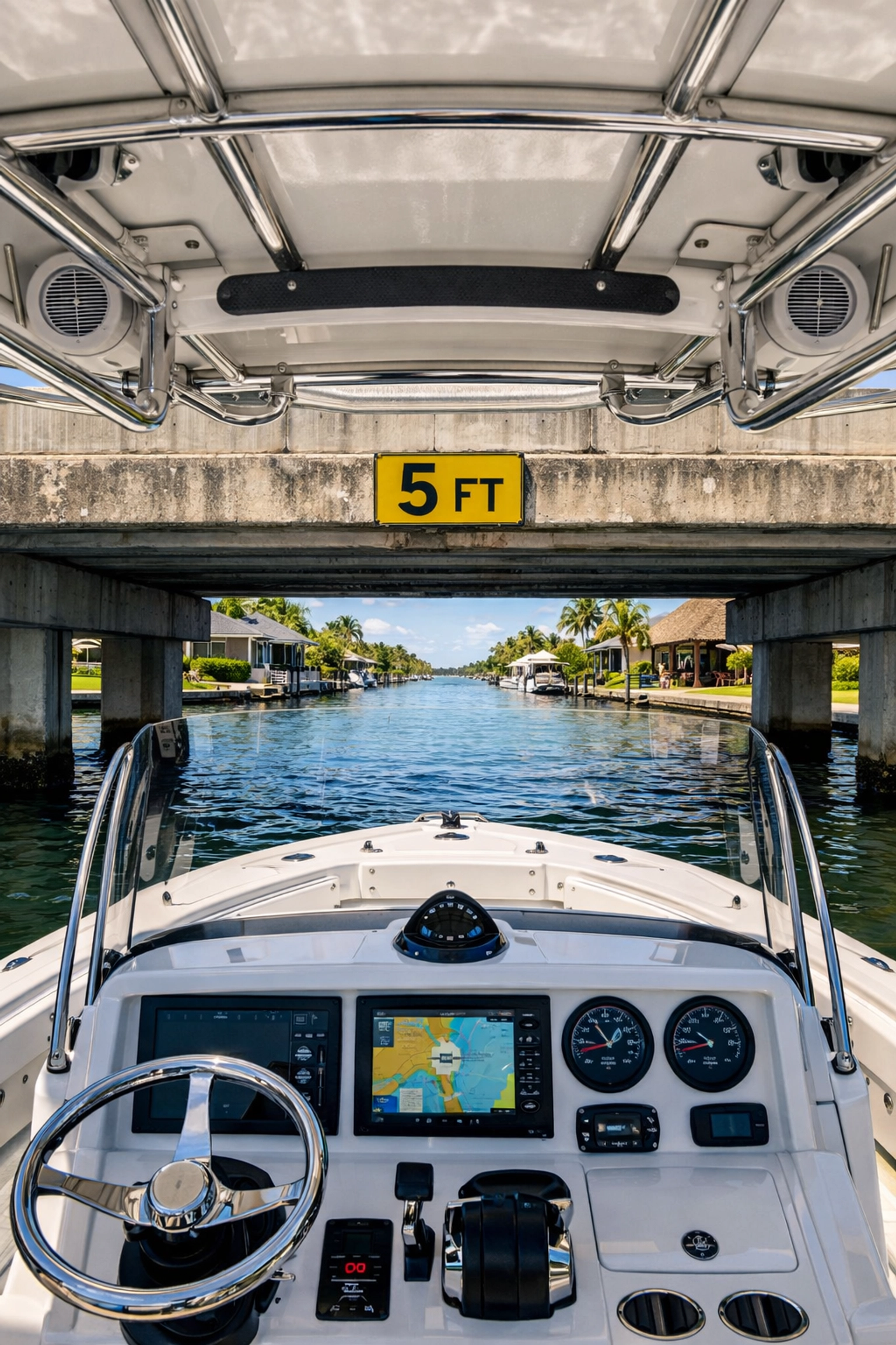 Boat approaching low bridge in Cape Coral canal showing clearance height restrictions