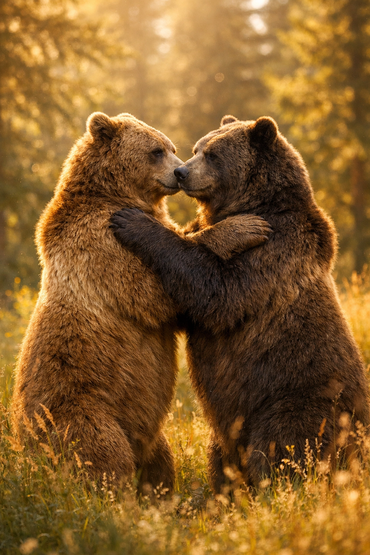 Two male grizzly bears playfully embracing in a forest meadow, showcasing natural same-sex behavior.