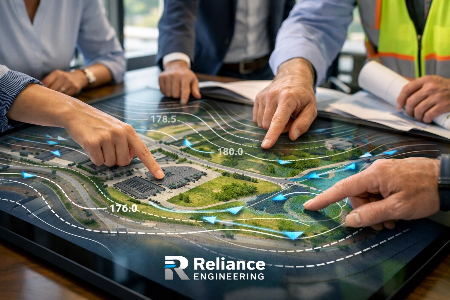 Ontario civil engineering team collaborating on a digital site grading plan for a development project.