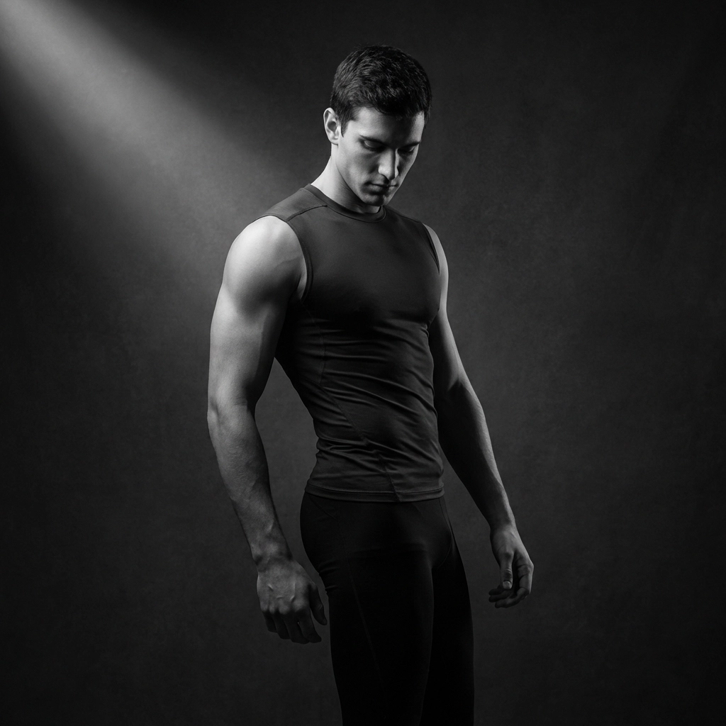 Classical male nude photography showcasing the artistic S-curve and rhythmic muscle flow.