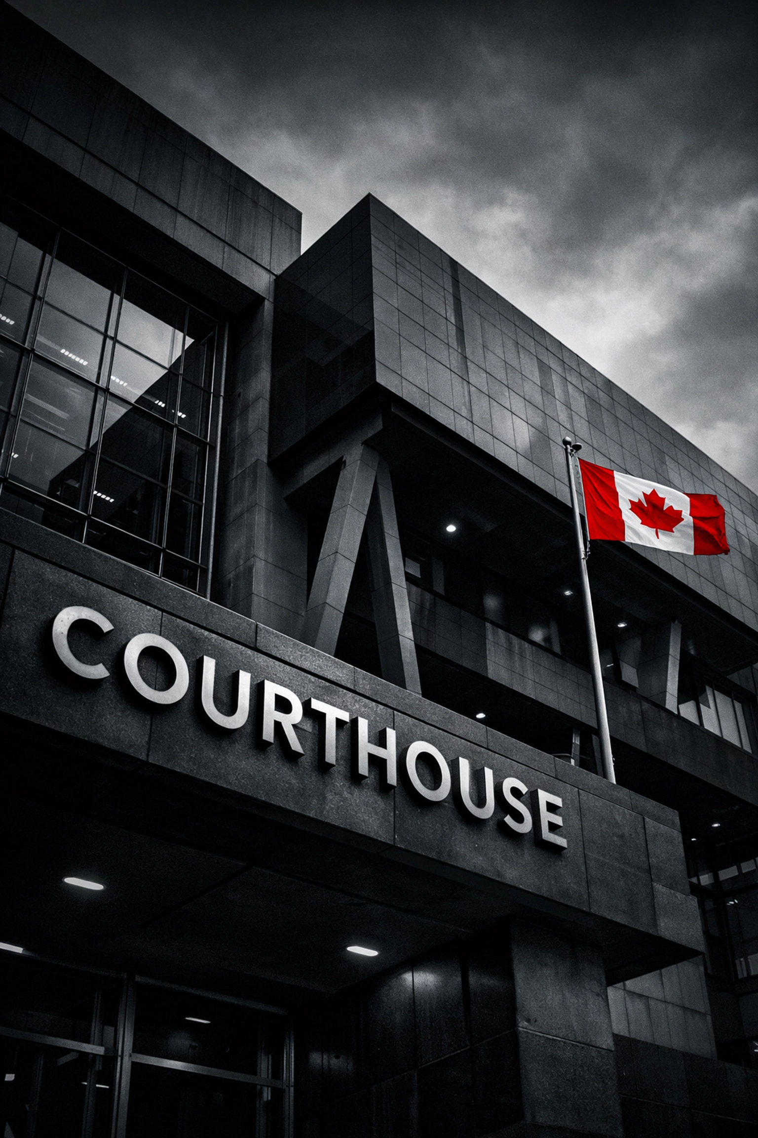 Exterior of a modern Canadian courthouse representing high-profile legal proceedings.