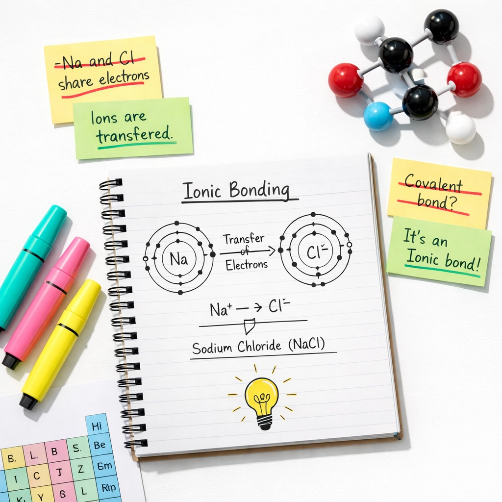 GCSE chemistry revision notes showing corrected misconceptions and ionic bonding diagrams