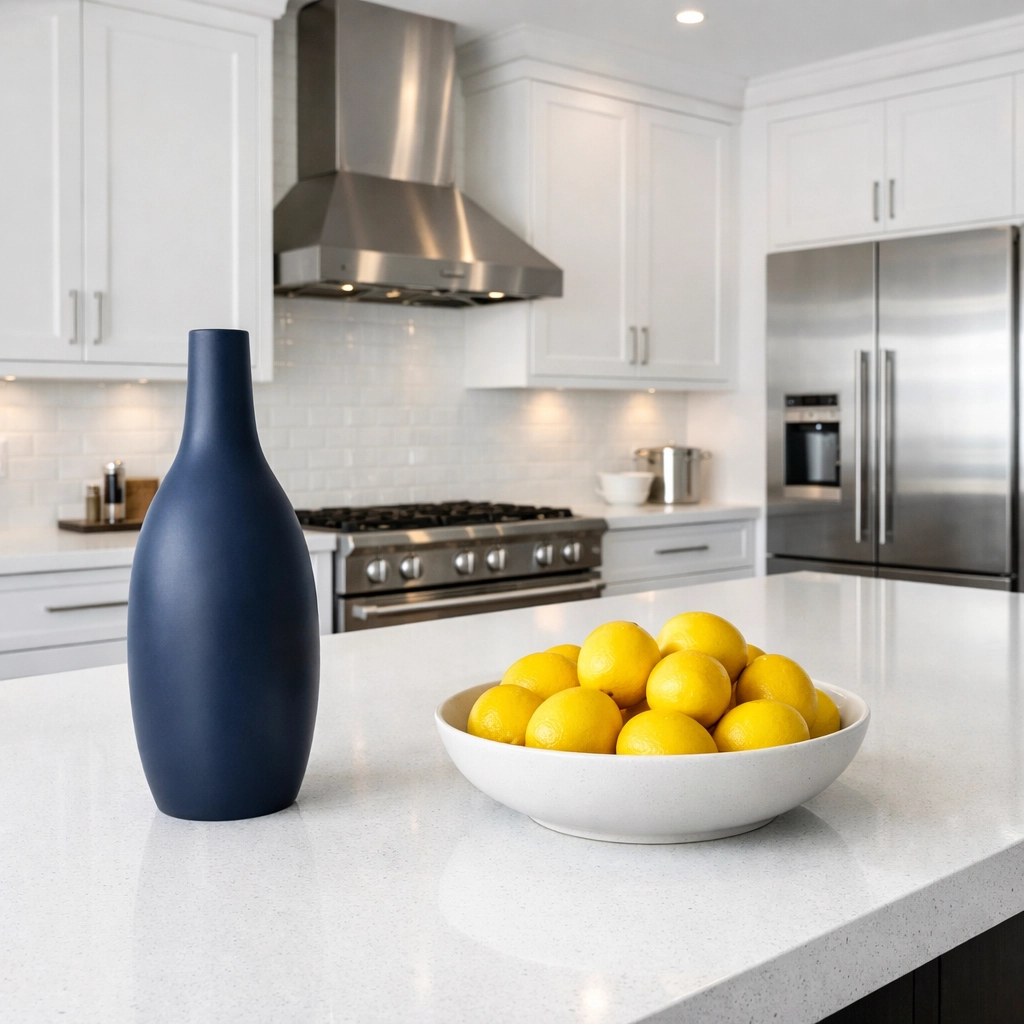 Spotless luxury kitchen with white cabinetry in a modern Bolton home, cleaned by professionals.