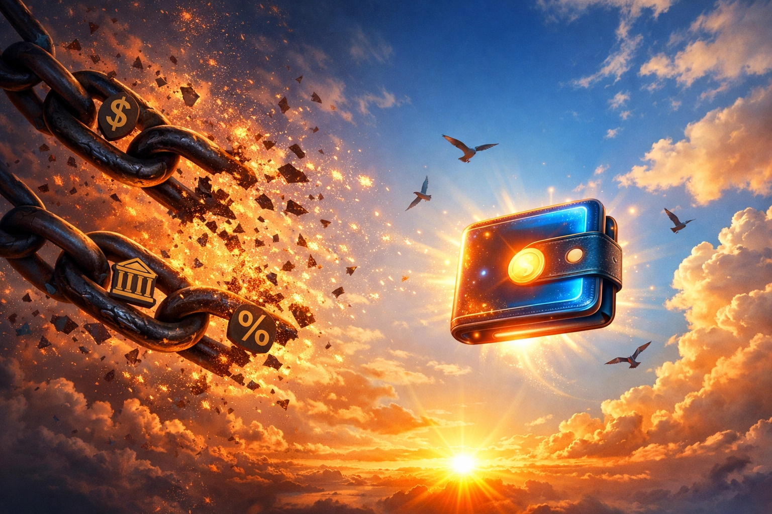 Business achieving financial sovereignty breaking free from traditional banking to Web3 wallet