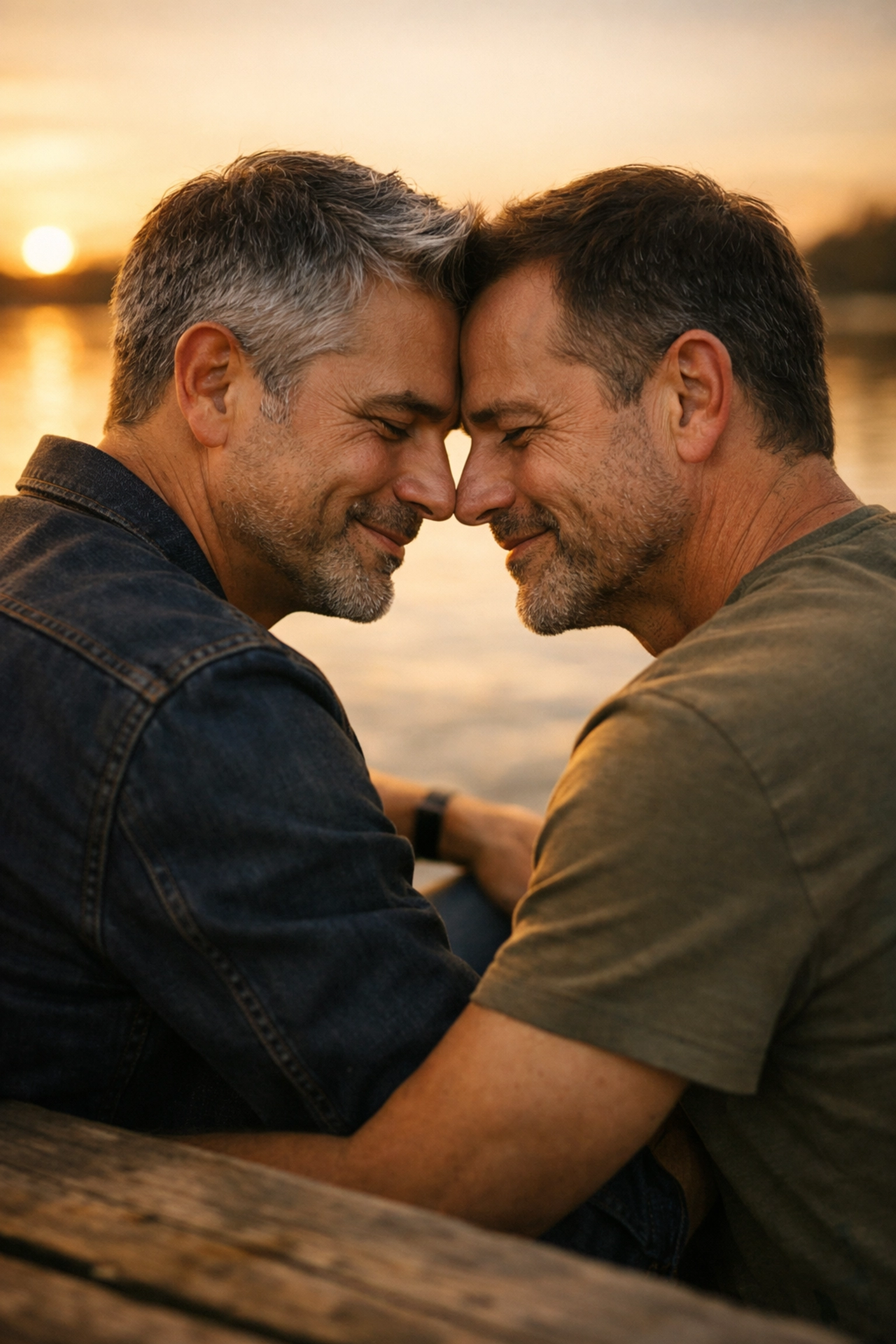 Older gay couple sharing an intimate moment at sunset, celebrating authentic relationship milestones.