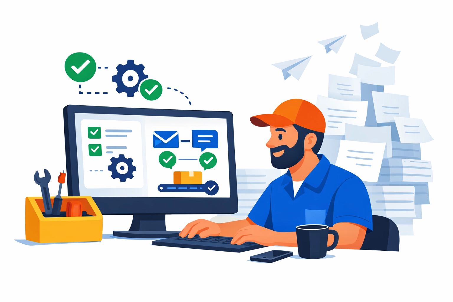 Flat illustration of automated work orders reducing paperwork for a small field service team.