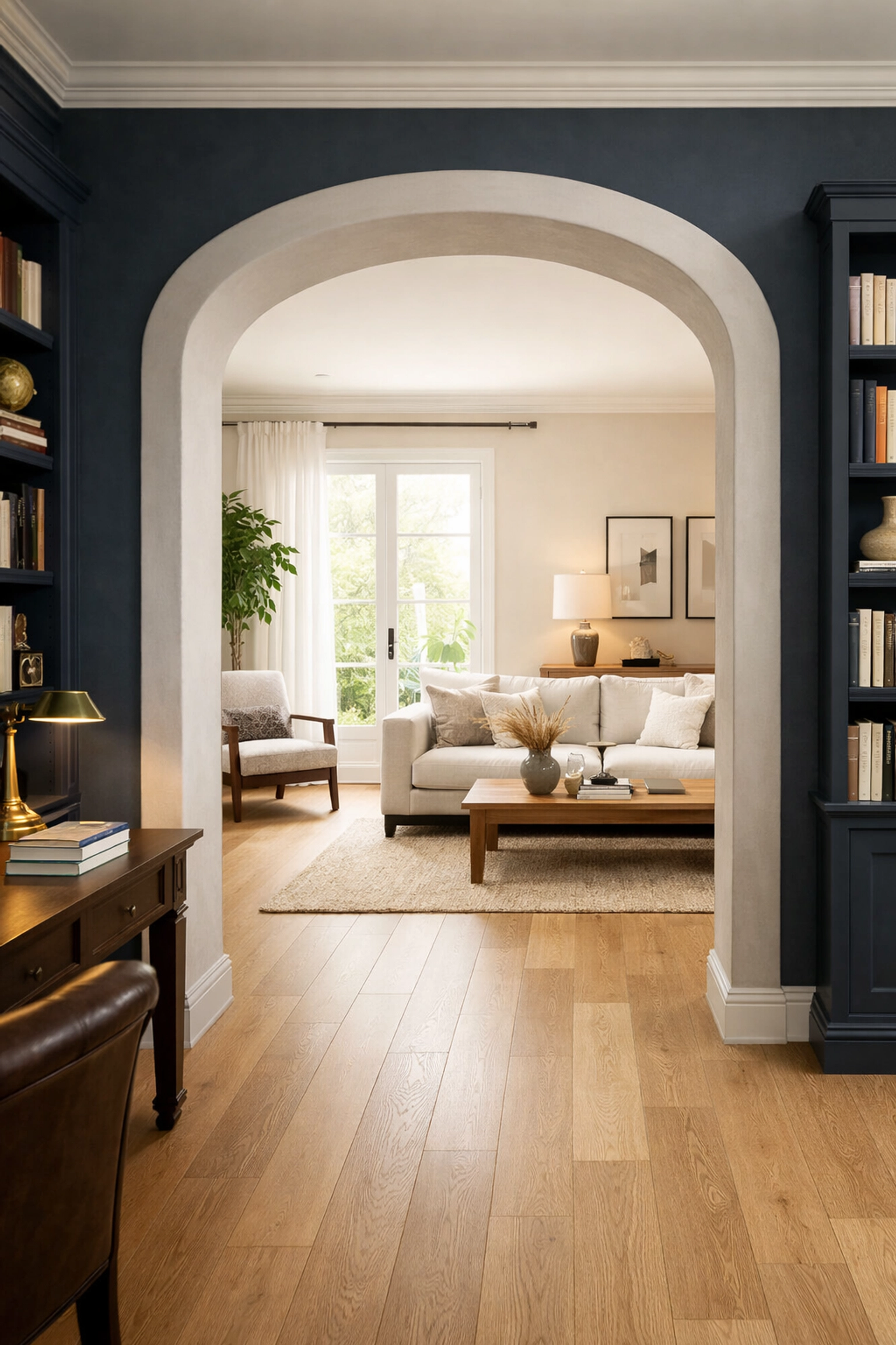 Home remodeling Orlando showing a sophisticated archway between a library and living room.