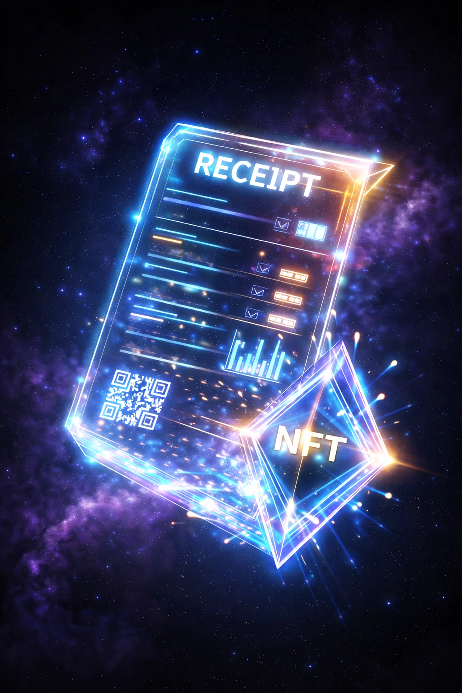 A digital NFT receipt glowing in blue and gold, symbolizing blockchain accounting and Larecoin's secure crypto POS system.