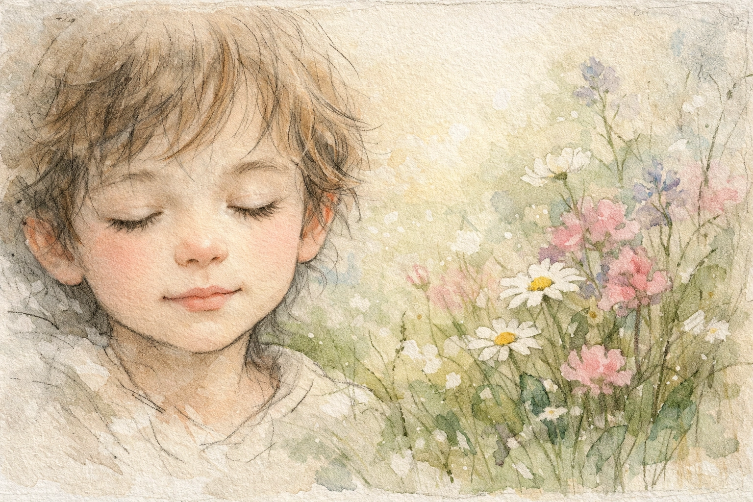 A child praying with a peaceful expression in a garden, reflecting God's perfect peace.