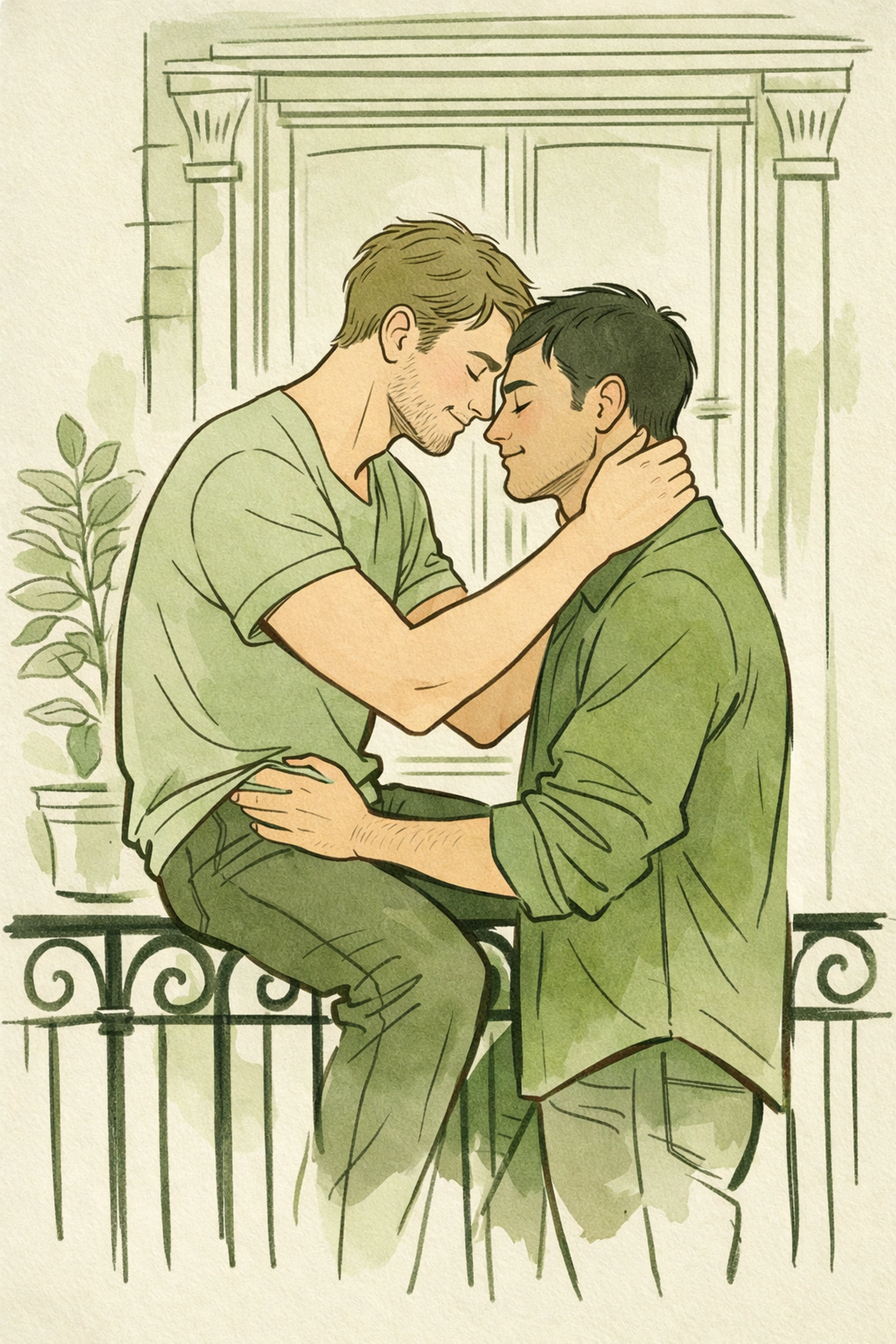 An emotional MM couple sharing a quiet moment of connection, inspired by contemporary gay fiction themes.