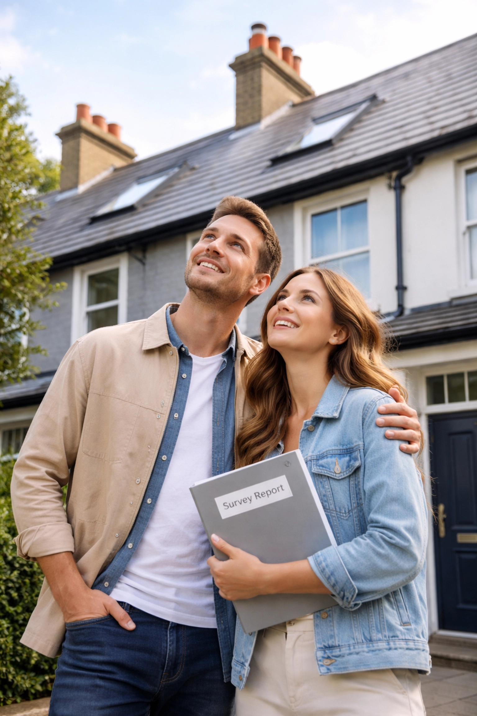 Smiling couple holding survey report outside Belfast home, feeling confident about roof inspection results