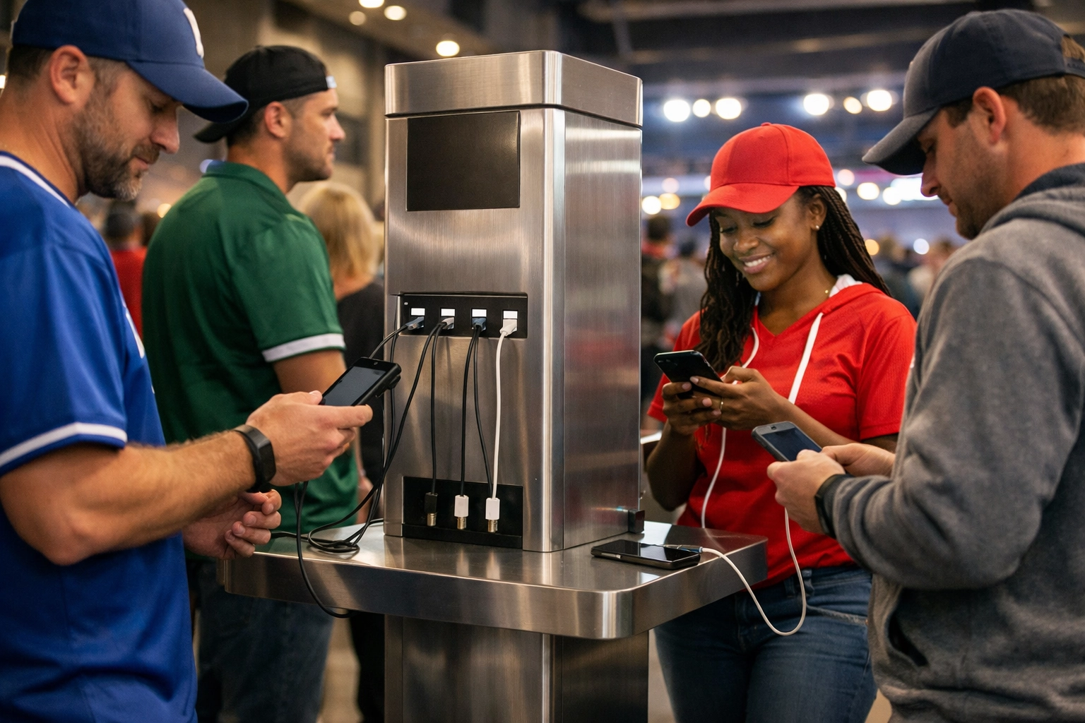 Fans using a stadium charging and Wi-Fi hub that powers Dakdan’s utility-first sports advertising network