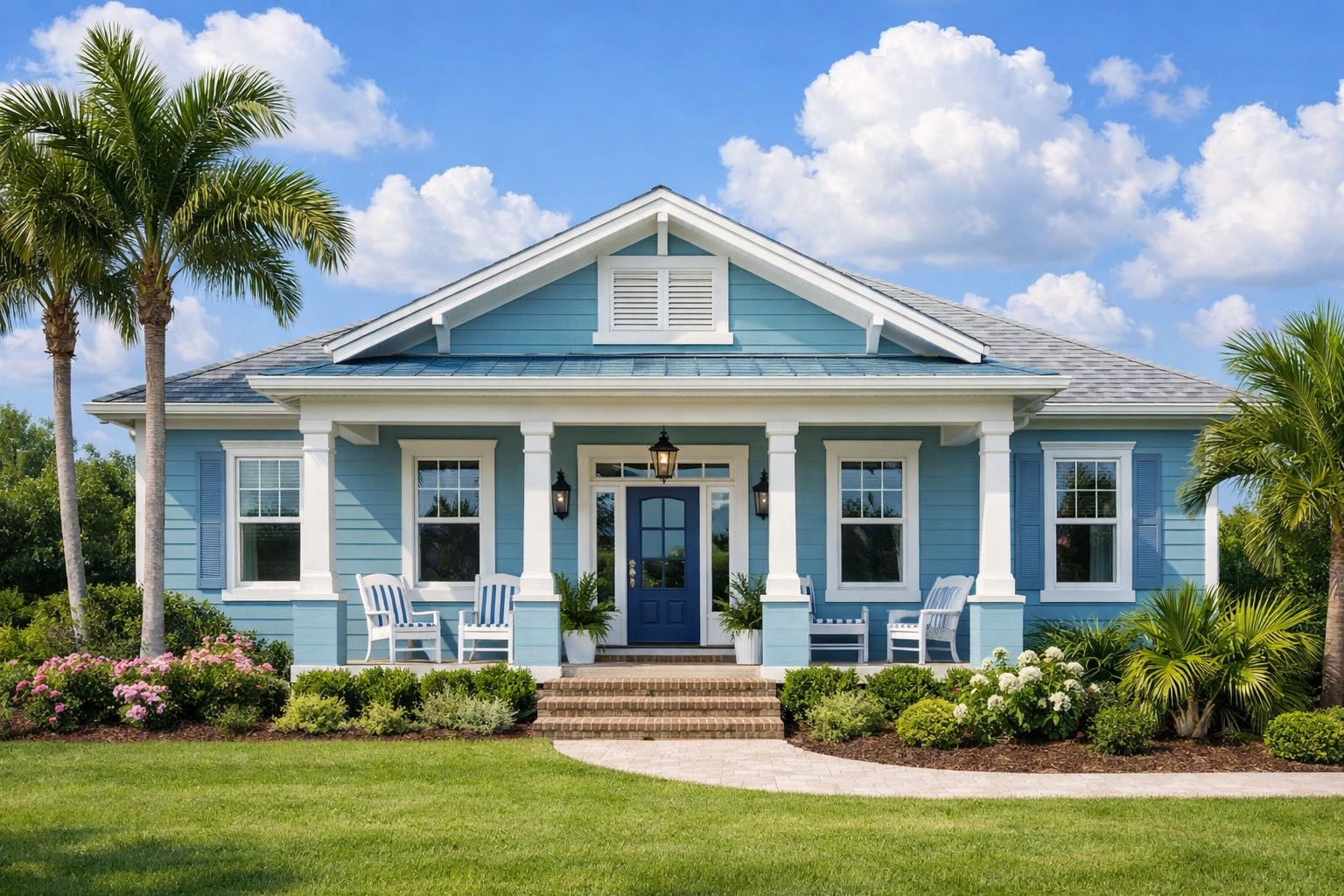 Coastal-style Orlando home painted soft blue with white trim and Florida landscaping