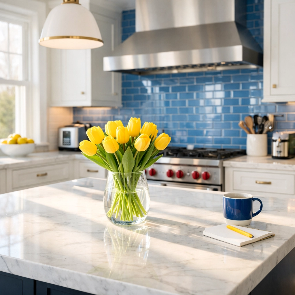 Tidy Bolton kitchen with a spotless marble island and yellow tulips following a daily cleaning routine.