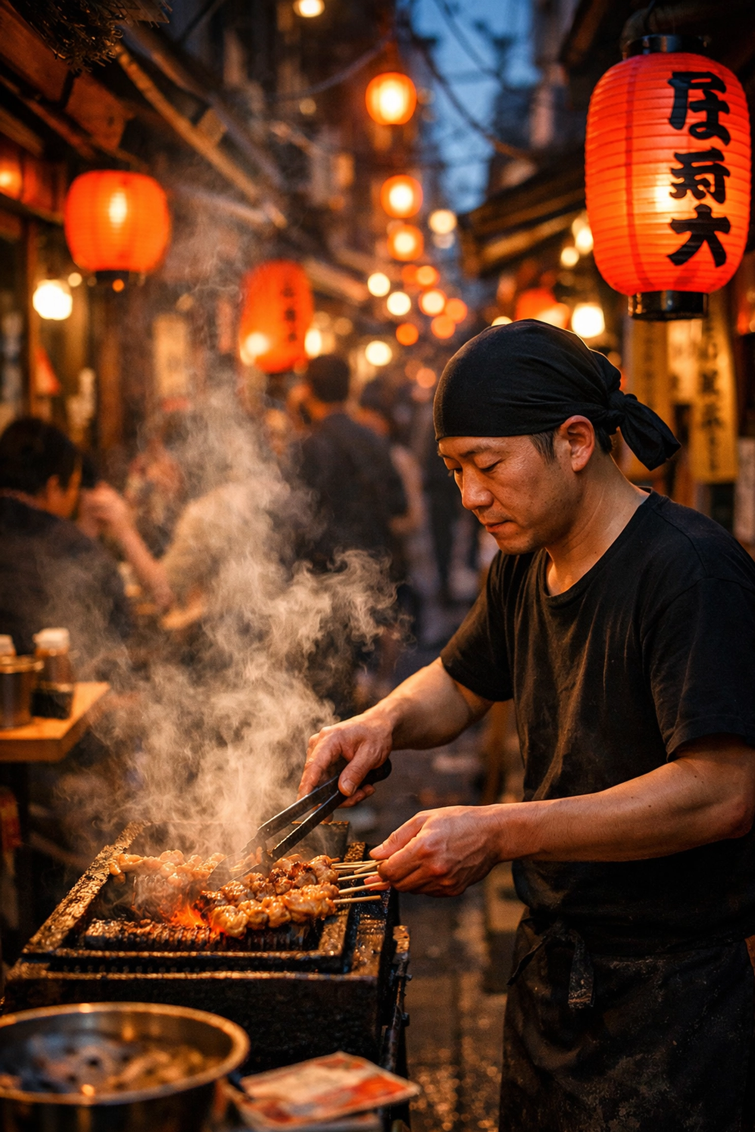 Traditional yakitori grill in Shinjuku's Omoide Yokocho alley, a top Tokyo street food spot.