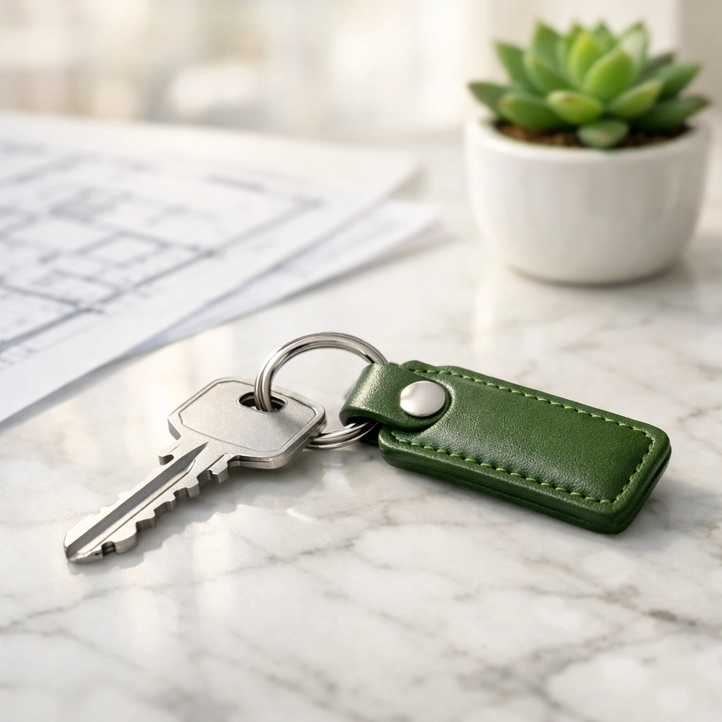 House keys and blueprints on a counter symbolizing a successful real estate refinance and DSCR loan closing.