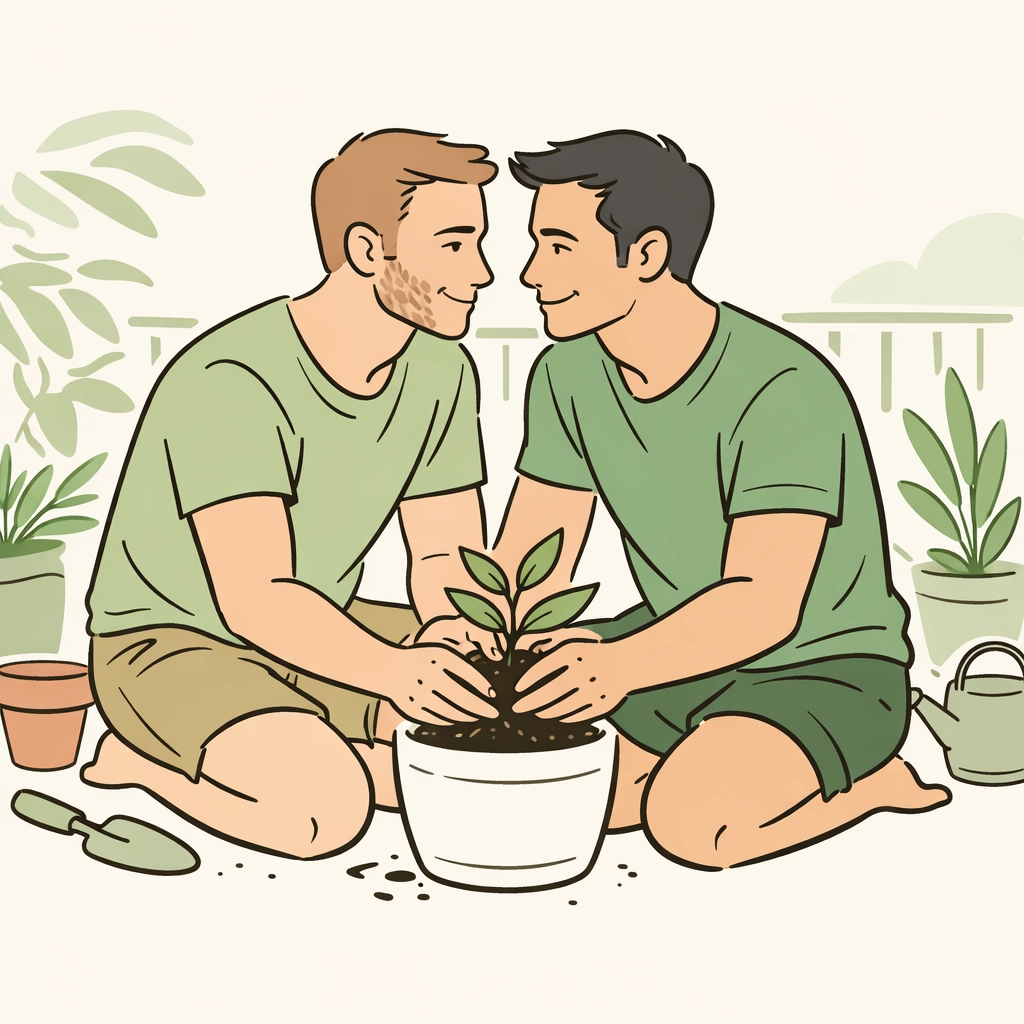 A gay couple planting flowers to celebrate personal rituals and growth outside of traditional religion.