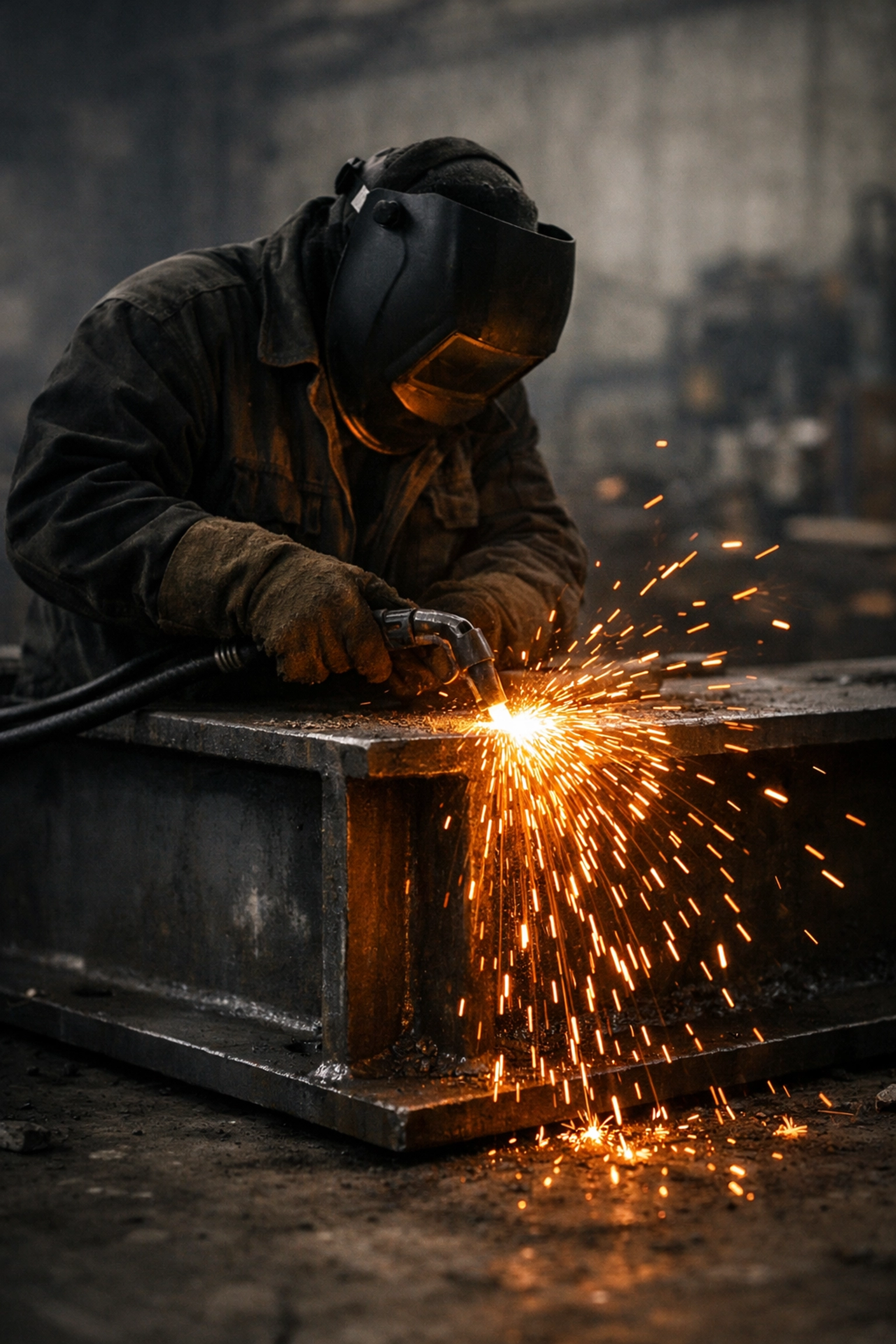 Welder crafting a steel foundation, symbolizing the safety and protection of an IUL financial shield.