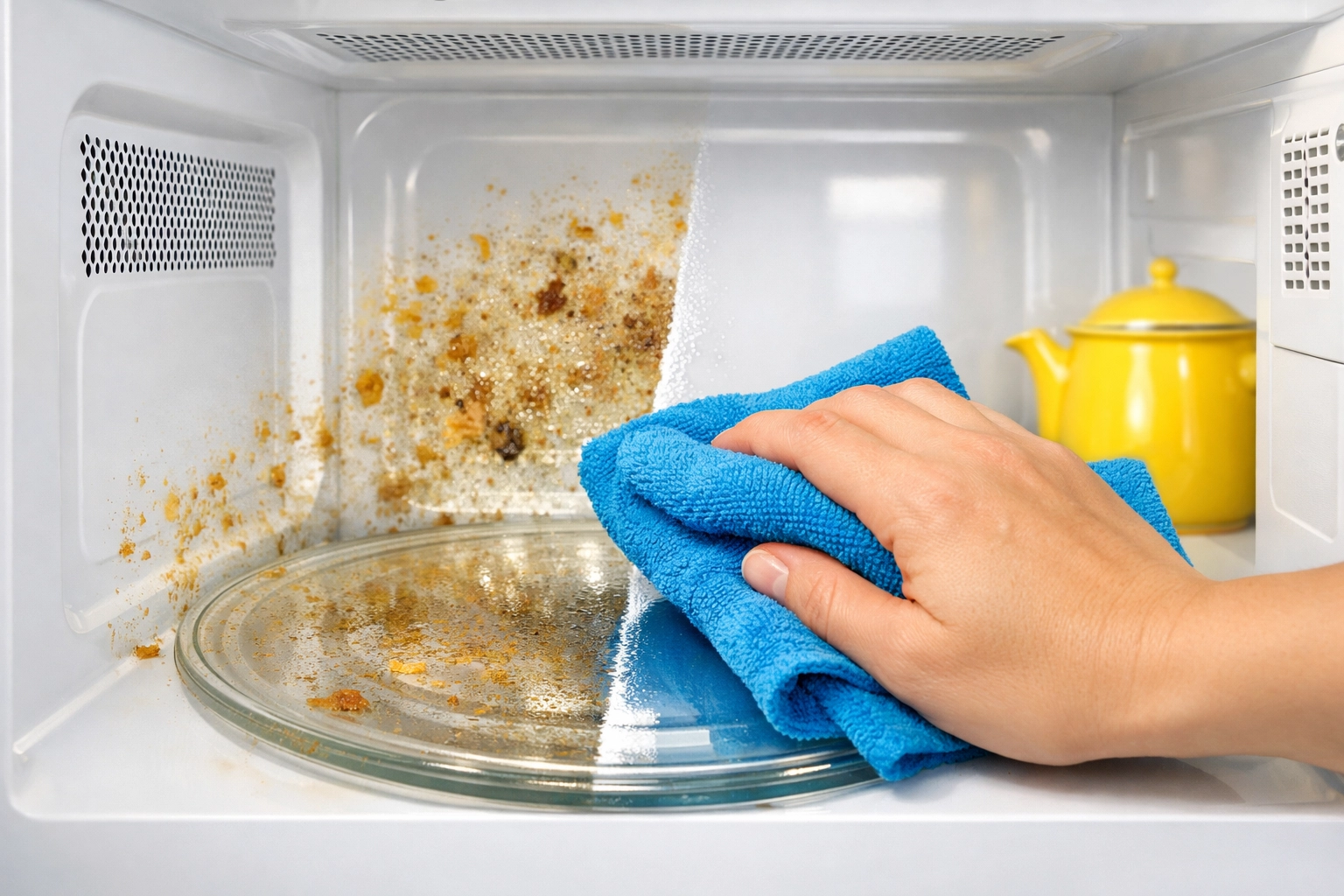 Using a blue microfiber cloth to wipe grime from a microwave interior for a sparkling finish.