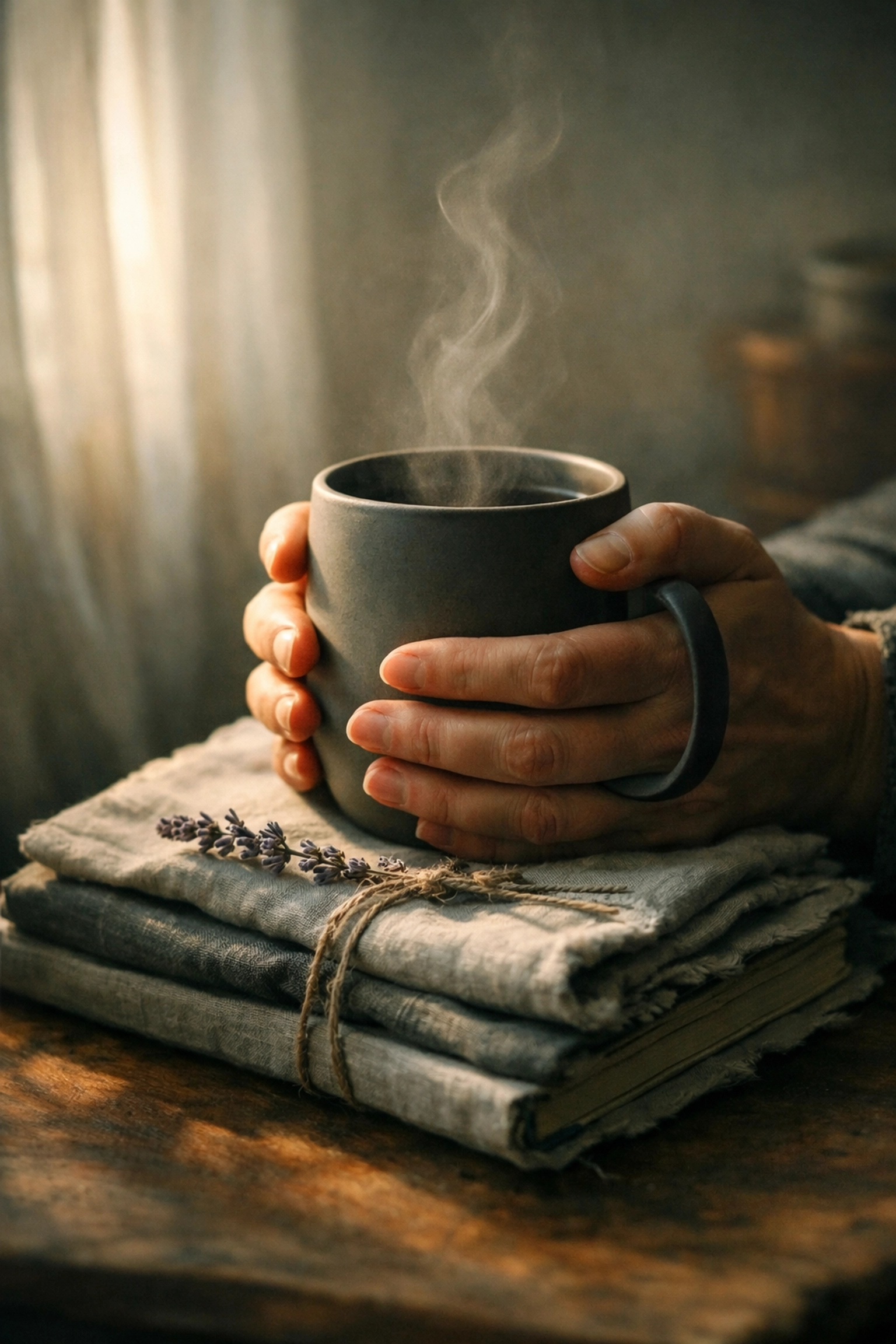 Hands holding a warm mug near journals, reflecting emotional care and postpartum depression support in Toronto.
